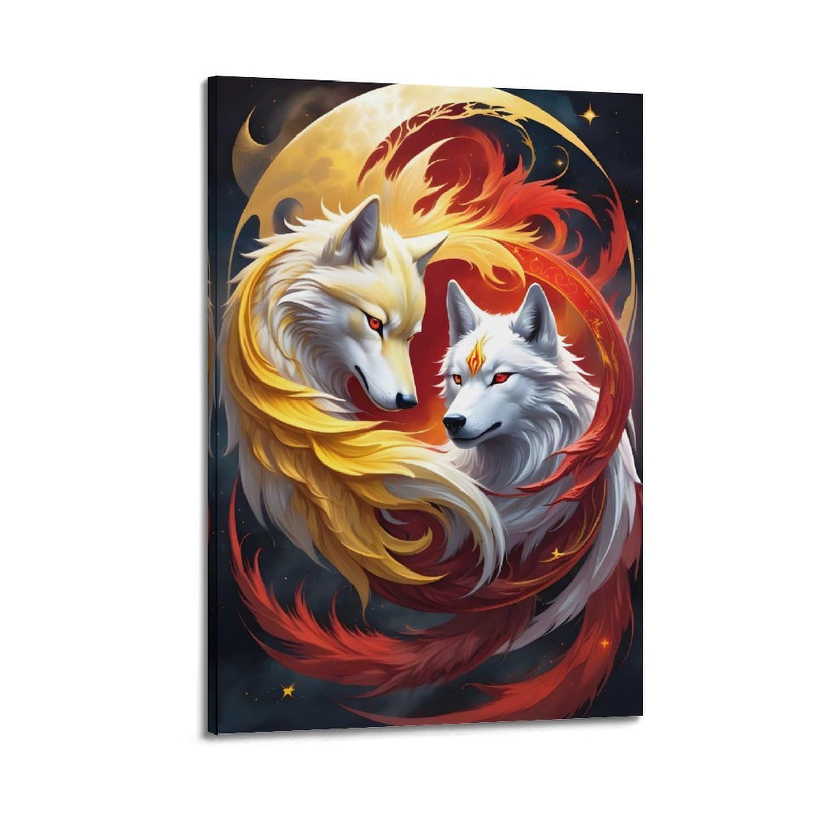 DLJGDS Mythical Twin Wolves with Fiery Auras Under Moonlit Sky Decorative Painting Canvas Wall Posters And Modern Family Bedroom Decor 24x36inch(60x90cm)