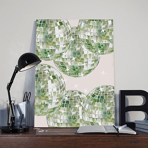 Miniatura 2 de 9W Impresión de bola de discoteca verde salvia, arte estético de pared de discoteca de los años 70, arte de pared de apartamento, póster verde