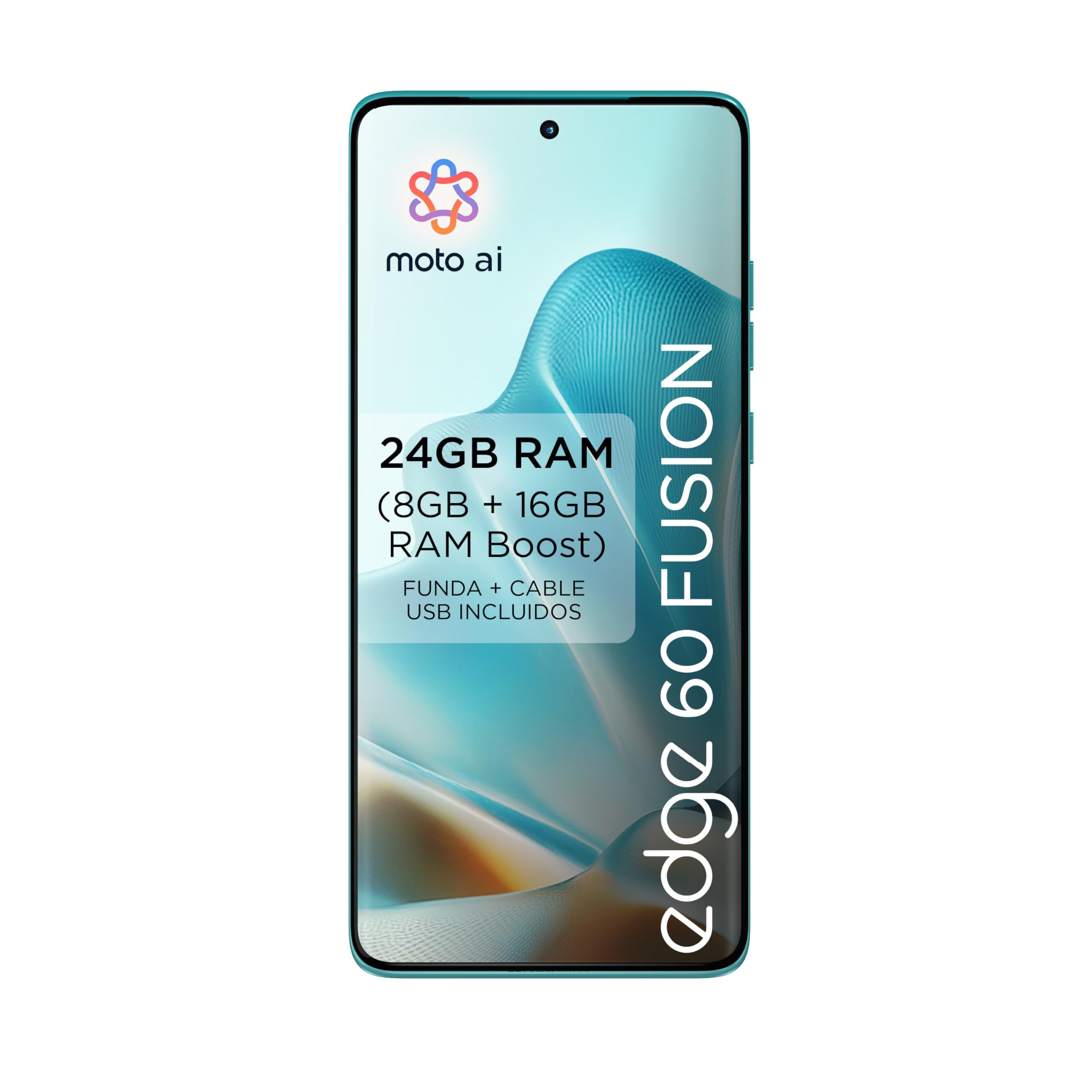Edge 60 Fusion 24GB (8GB+16GB RAM Boost)/256GB Amazonite, España. Diseño de cuádruple Curva. Cámara Sony LYTIA™ de 50 MP. Pantalla Brillante con resolución Super HD (1220p) y 4500 nits. 5100 mAh