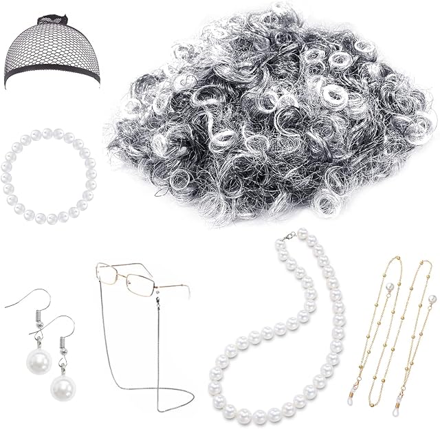 9 Pieces Old Woman Costume Cosplay Set, Granny Wig Cap, Faux Pearl Necklace, Bracelet, Earrings, Glasses with Glasses Chain for Halloween, Christmas Cosplay