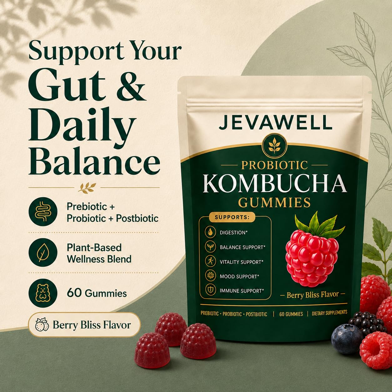 JEVAWELL Probiotic Kombucha Gummies - Prebiotics, Probiotics & Postbiotics - Slippery Elm Bark, Dandelion Root, Soluble Fiber & MCT Oil - Daily Gut Health & Digestive Comfort Support - 60 Count — Amazon image 5