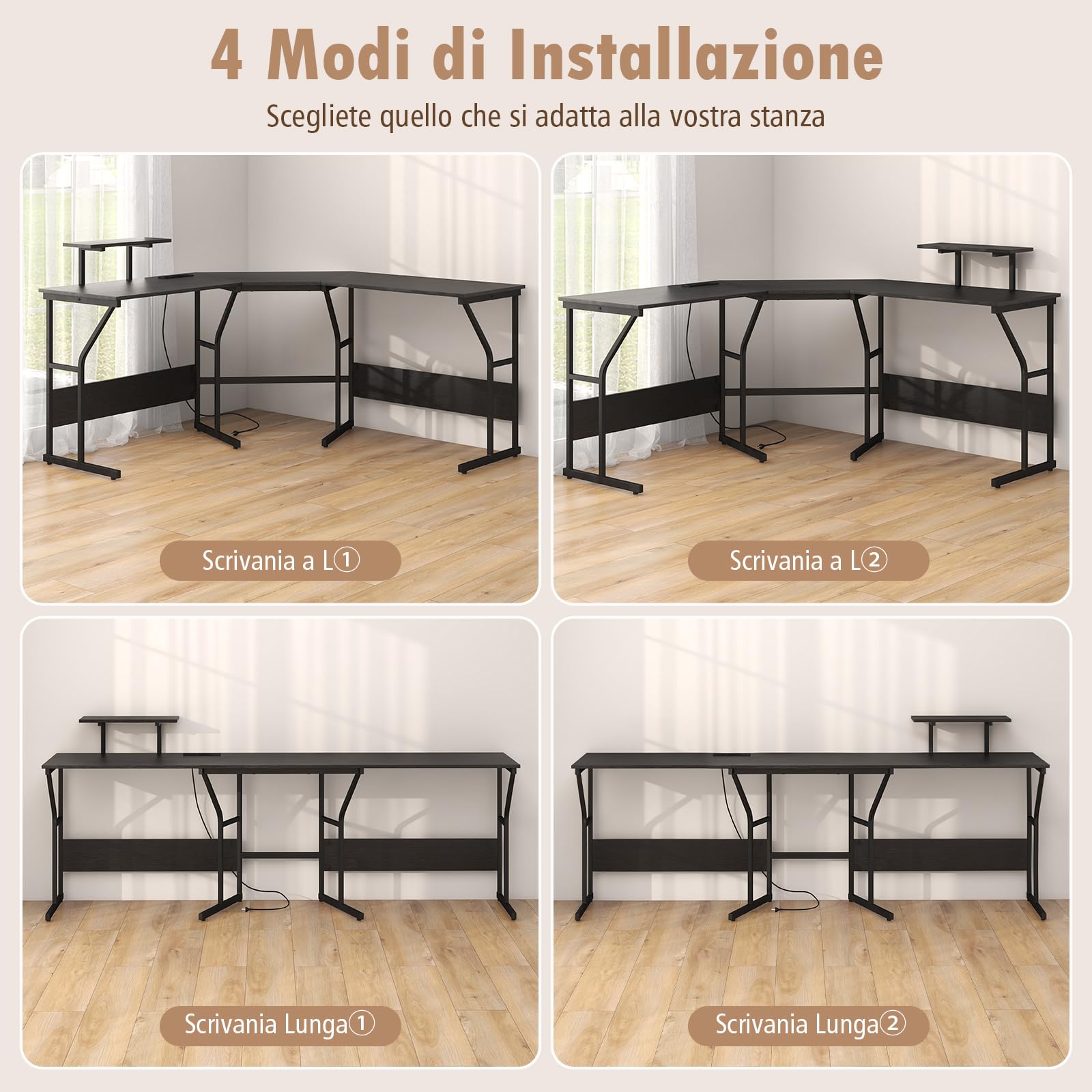 COSTWAY Scrivania ad Angolo a Forma di L con Presa Elettrica, Scrivania Angolare per Computer con Supporto Monitor Movibile, 225cm Postazione da Lavoro per 2 Persone per Lavoro e Gioco (Nero)