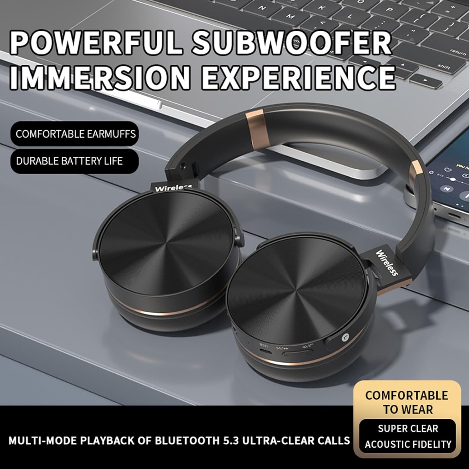 Wireless Over Ear Headphones, Head-Mounted Wireless Headset, Foldable Sports Earphones, Ultra-Long Battery Life, Ultralight Painless Wear (Black)