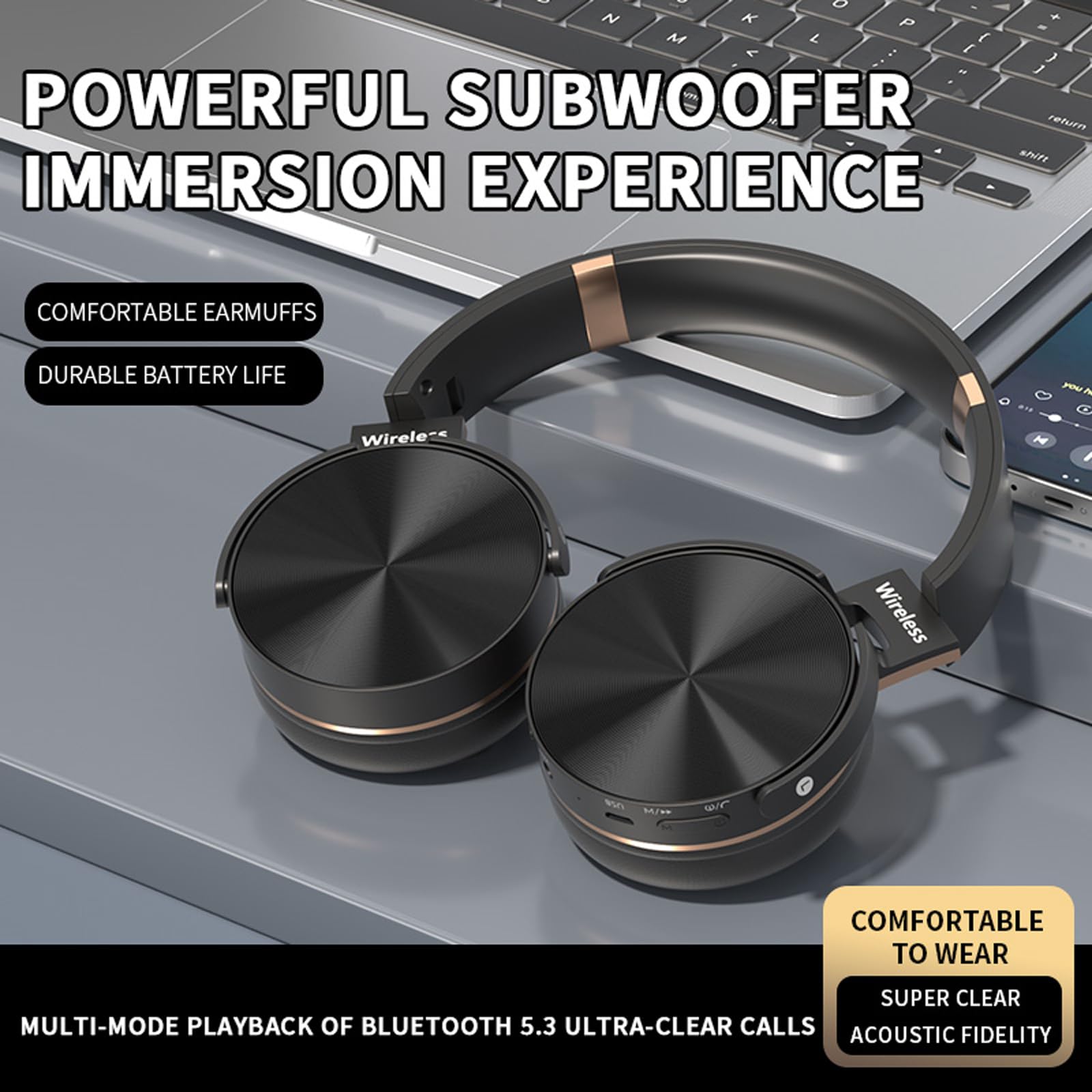 CherryBlossoms Wireless Over Ear Headphones, Head-Mounted Wireless Headset, Foldable Sports Earphones, Ultra-Long Battery Life, Ultralight Painless Wear (Black)