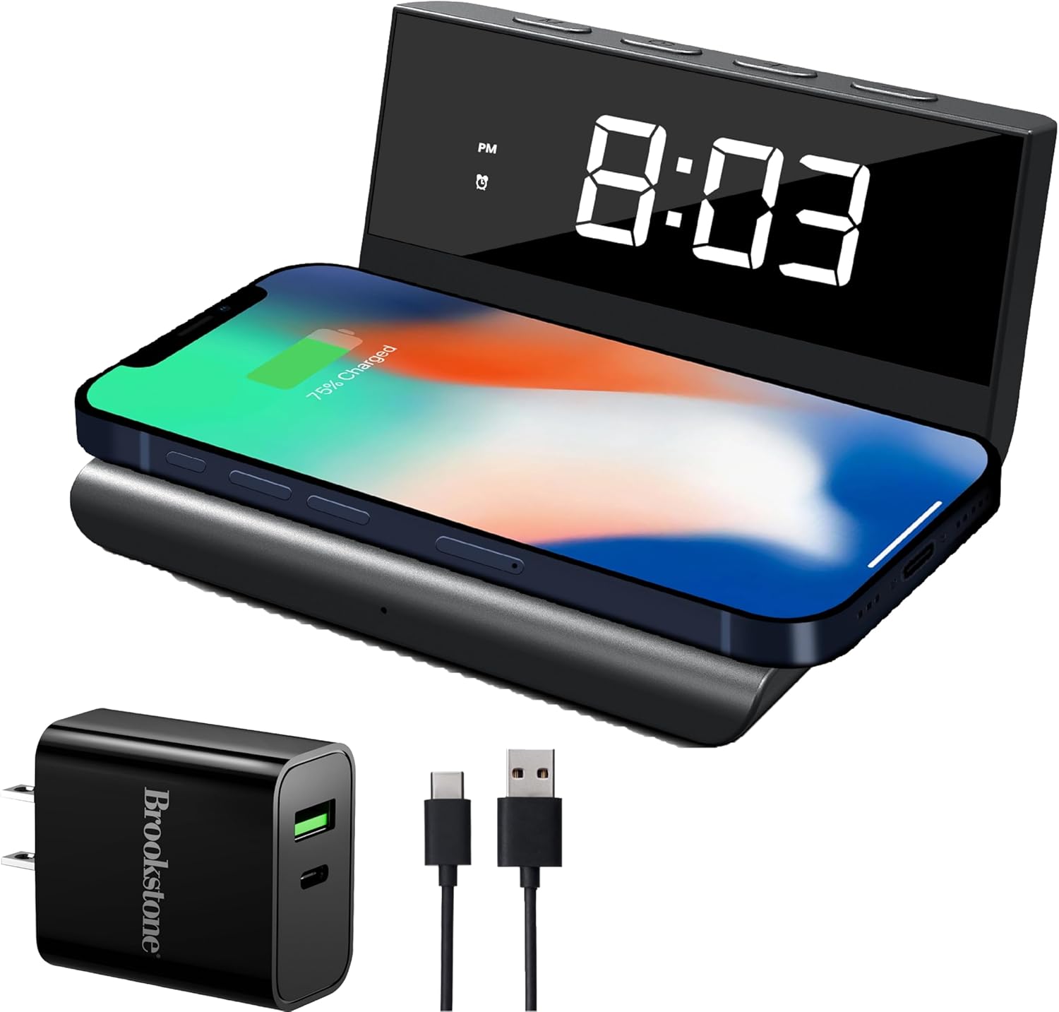Brookstone Desk LED Alarm Clock 15W Wireless Charger for