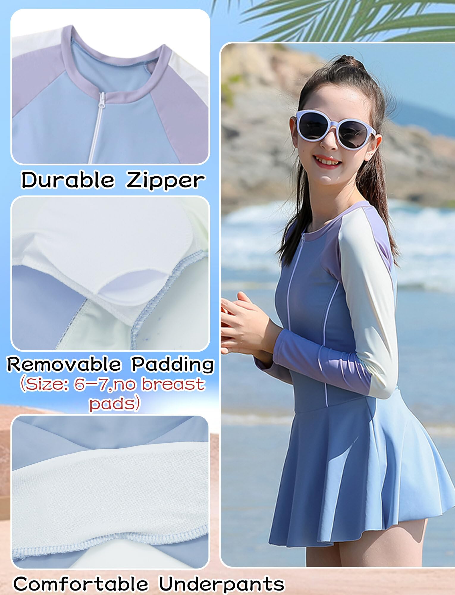 Happy Cherry Traje de baño de protección contra erupciones para niñas, conjunto de natación modesto UPF 50, traje de baño de playa de 6 a 16 años
