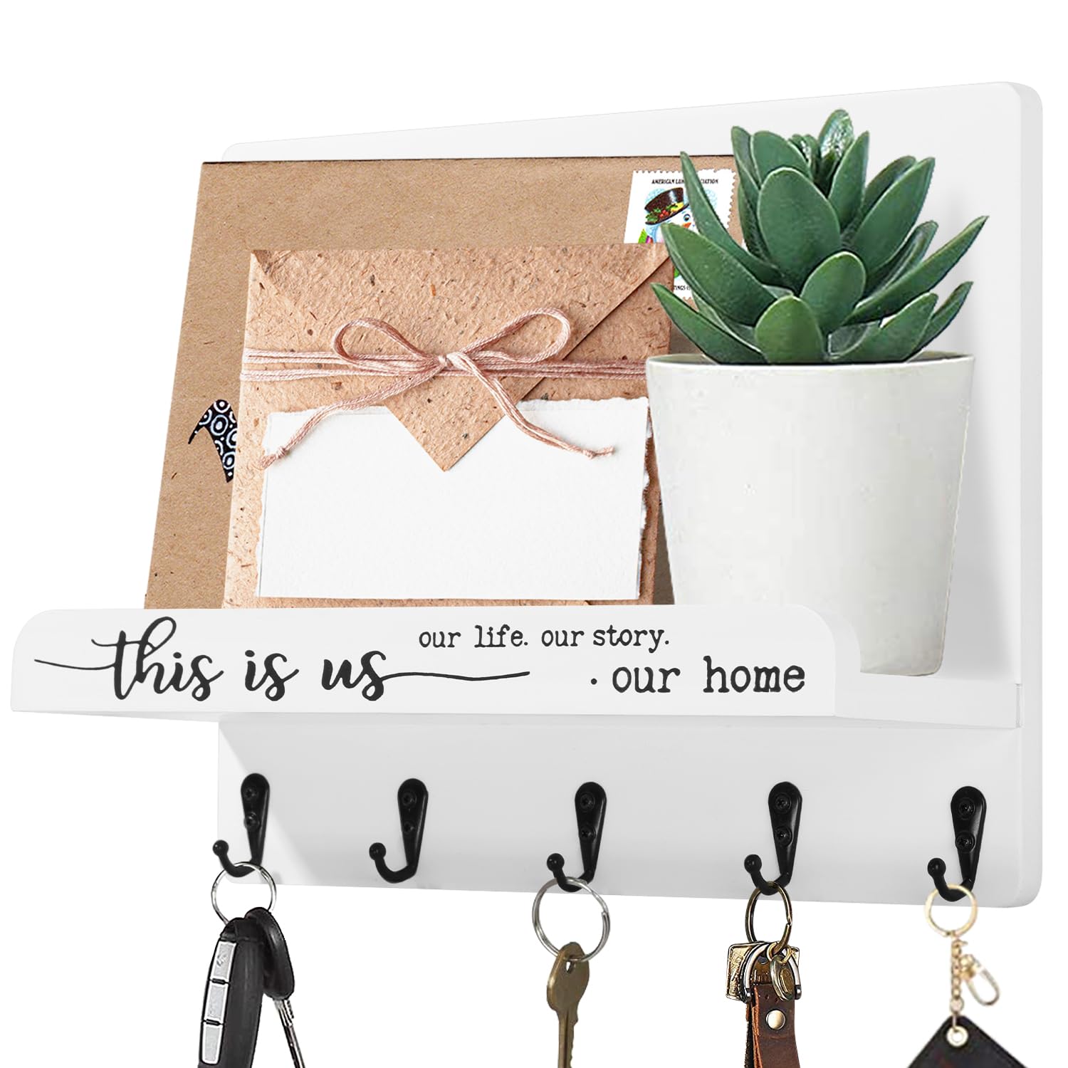Aoaopq This Is Us & White Key Holder With Shelf - White Farmhouse Key And Mail Holder - Decorative Key Hooks For Entryway, Bedroom, Bathroom - Wall Organizer
