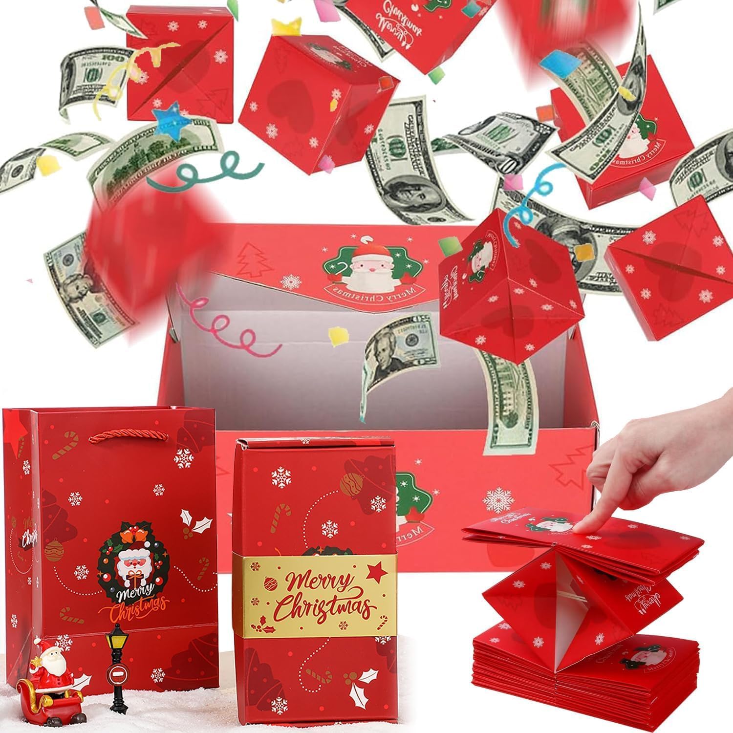 Surprise Gift Box Explosion for Money, Unique Folding Bouncing Red Envelope Gift Box, 2024 Newly Folding Pop-Up Explosion Gift Box, Christmas Boxes Explosion Gift Box for Money and Birthday (Red Christmas)