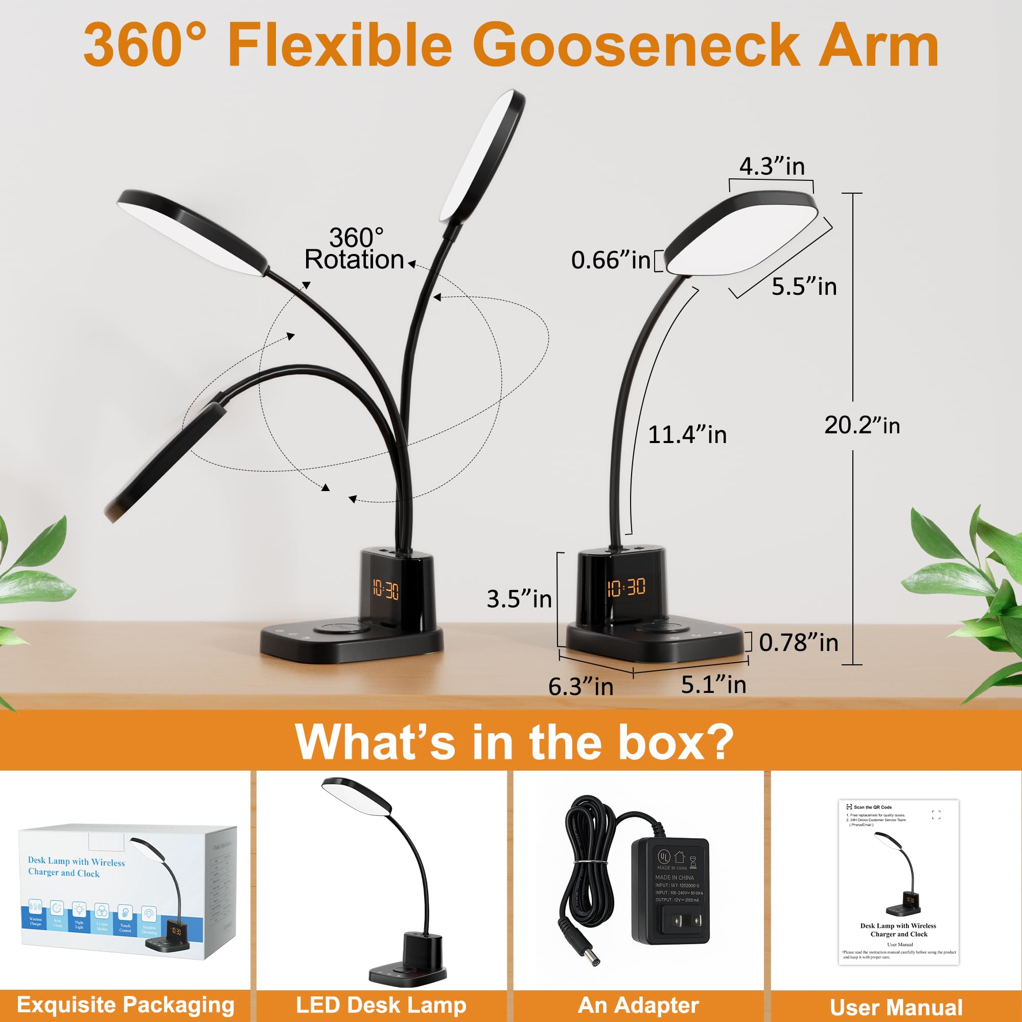 Desk Lamp, Bedside Table Lamps with Wireless Charger and Clock, 30Mins Auto-Off Night Light Lamp, 3 Color Modes Dimmable Touch 800LM CRI 95, LED Desk Lamps for Home Office, Adapter Included 6
