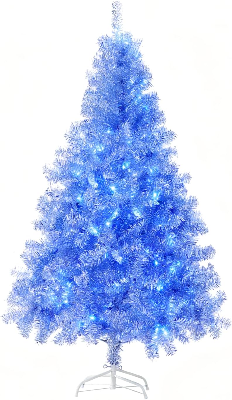 4Ft Silver Artificial Christmas Tree with Lights Hinged Branches Douglas Fir Christmas Tree with Metal Stand for Holiday Festival Parties Home Office Decor, 8 Modes 100 LED Blue Lights, Easy Assembly