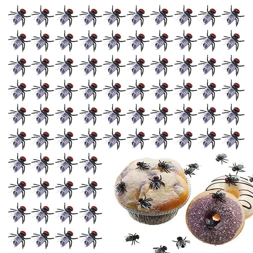 100PCS Mini Plastic Flies Simulated Insects, Plastic Flies Mini Realistic Fake Fly Bugs Bulk Prank, Simulated Novelty Lifelike Fake Flies Toy, Joke Toys Prank for Halloween Party Favors (Black)