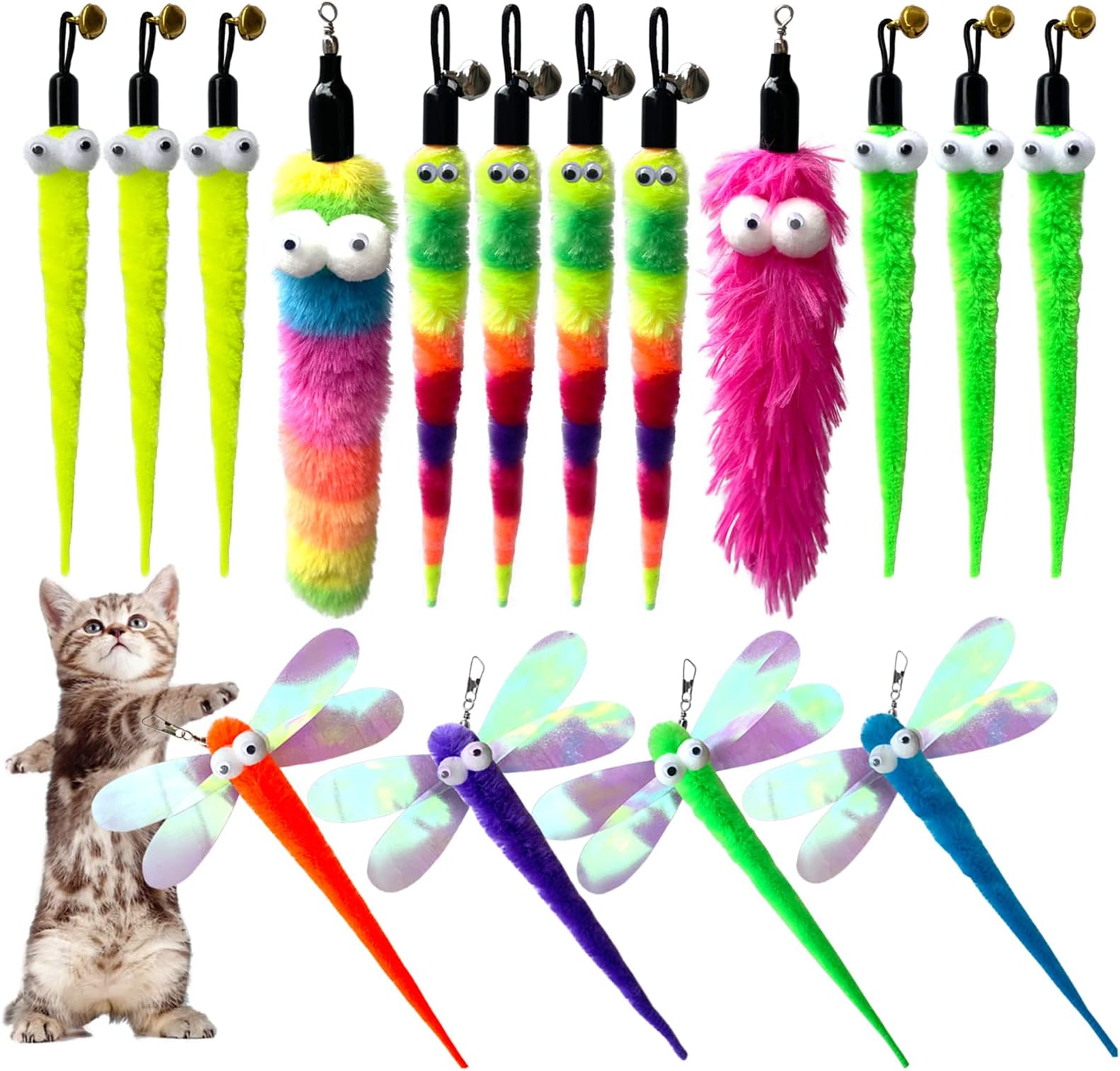 AcceLeah Cat Worm Toy Refills Cats Teaser Toys Cat Wand Refill Wand Replacement Cat Wand Attachments Cat Fishing Pole Toy Refill 16Pcs Cat Worms Refill,Cat Wand Toy Assorted Teaser Refills