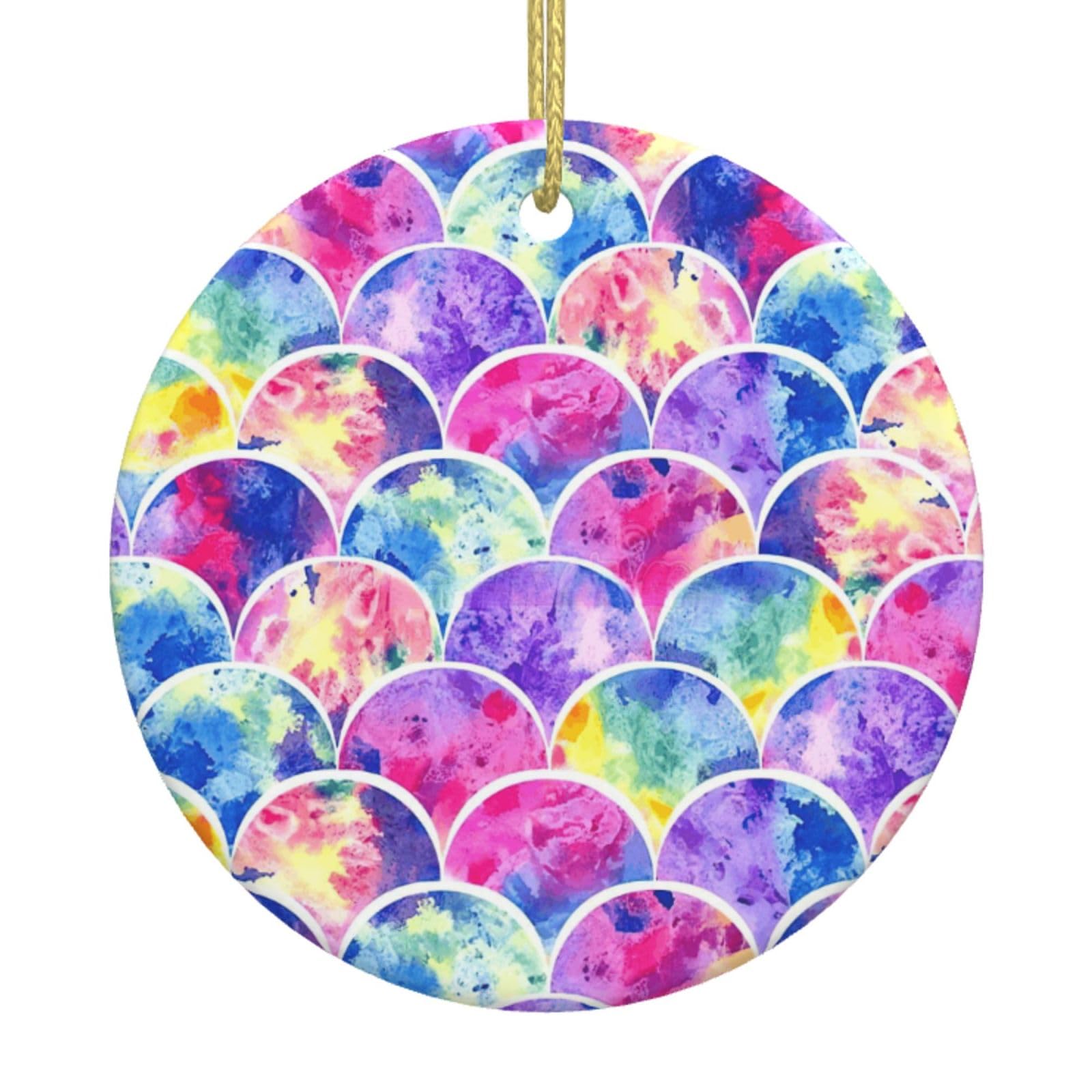Beautiful Rainbow Colors Mermaid Print Christmas Ornaments, Ceramic Hanging Ornament, Round Shape Decorations