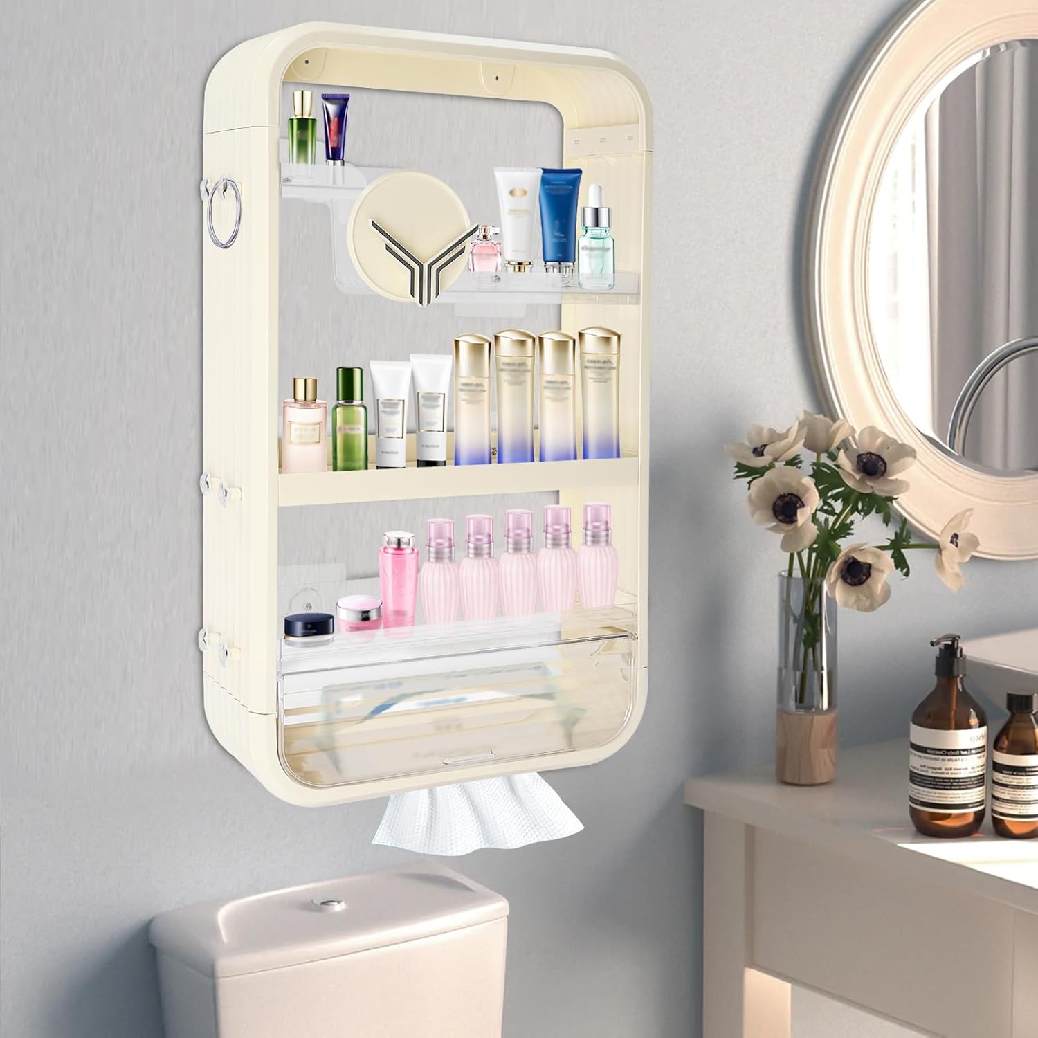 Wall Storage Rack with Open Storage, Floating Cosmetics Rack with Large Capacity Wall Mounted Storage Shelf with Tissue Hole 4 Tiers Makeup Organizer with Hooks Beige for Bathroom
