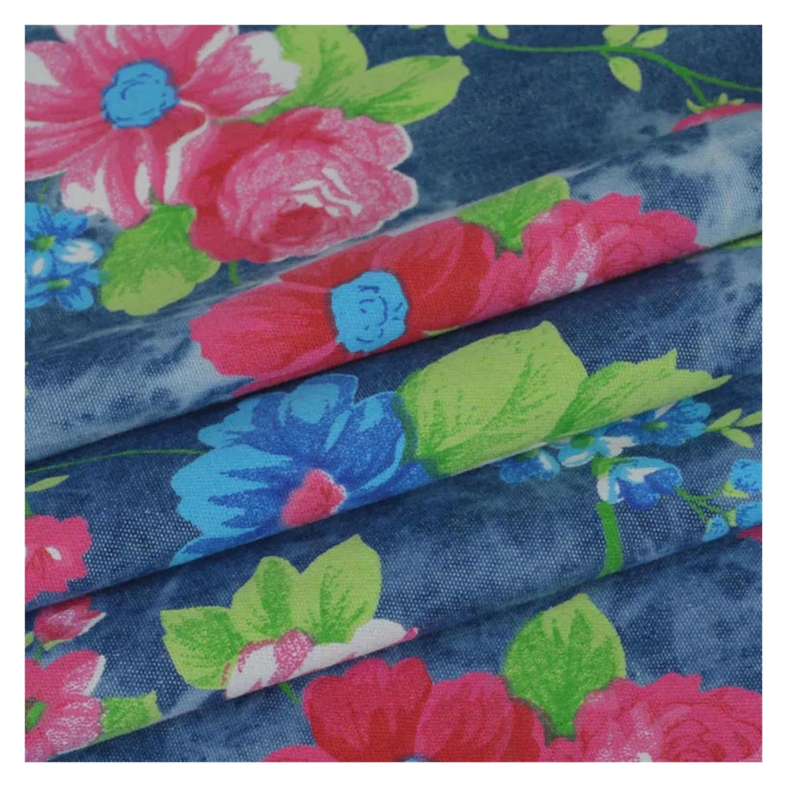 Summer Thin Non Elastic Blended Printed Denim Fabric for Quilting Sewing Clothes Skirt per Half Meter(Hibiscus)