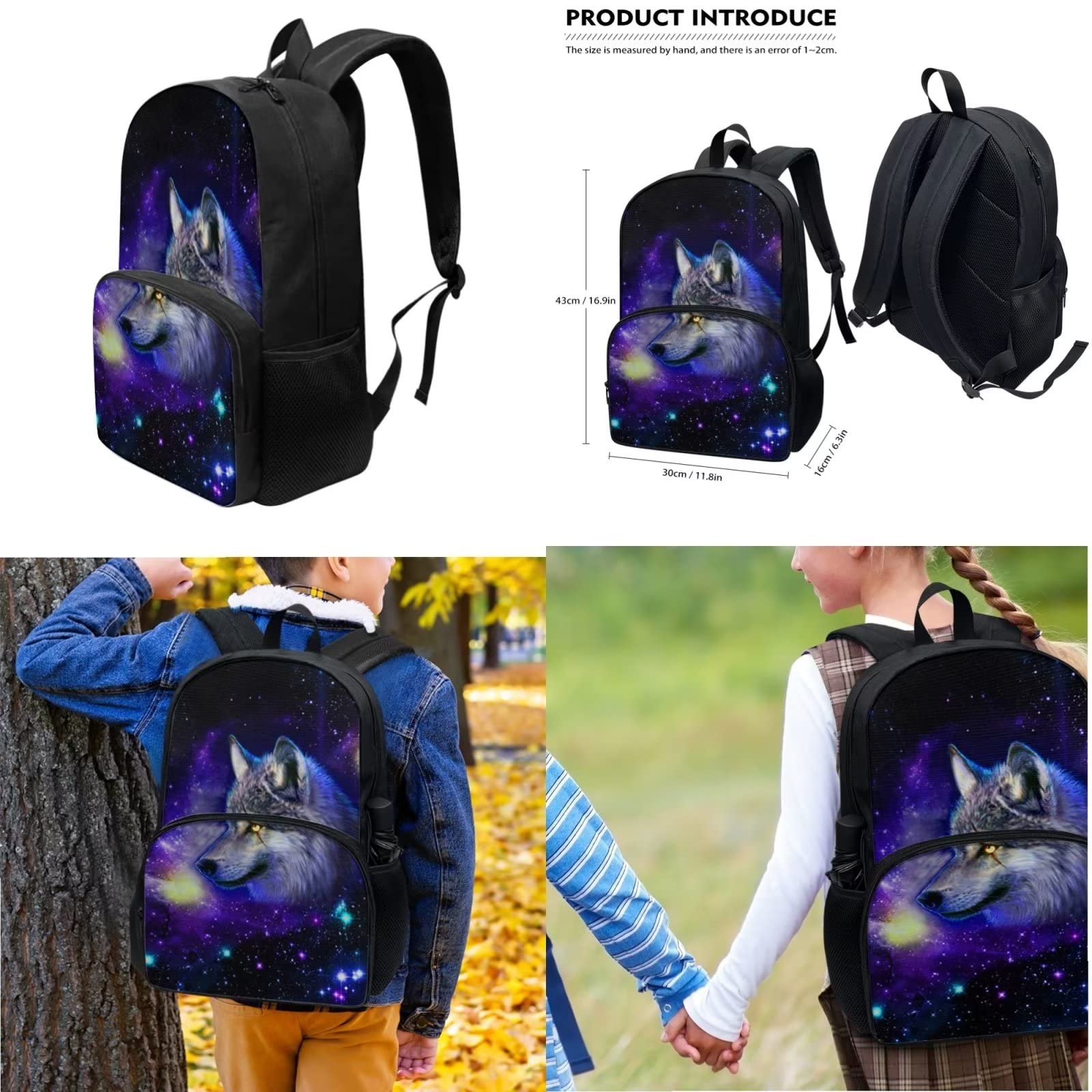 Dolyues Juego de bolsas escolares para niñas y niños, bolsa de libros de escuela primaria con bolsa de almuerzo y estuche para lápices, 3 piezas, Lobo Galaxia Púrpura, Mochila infantil