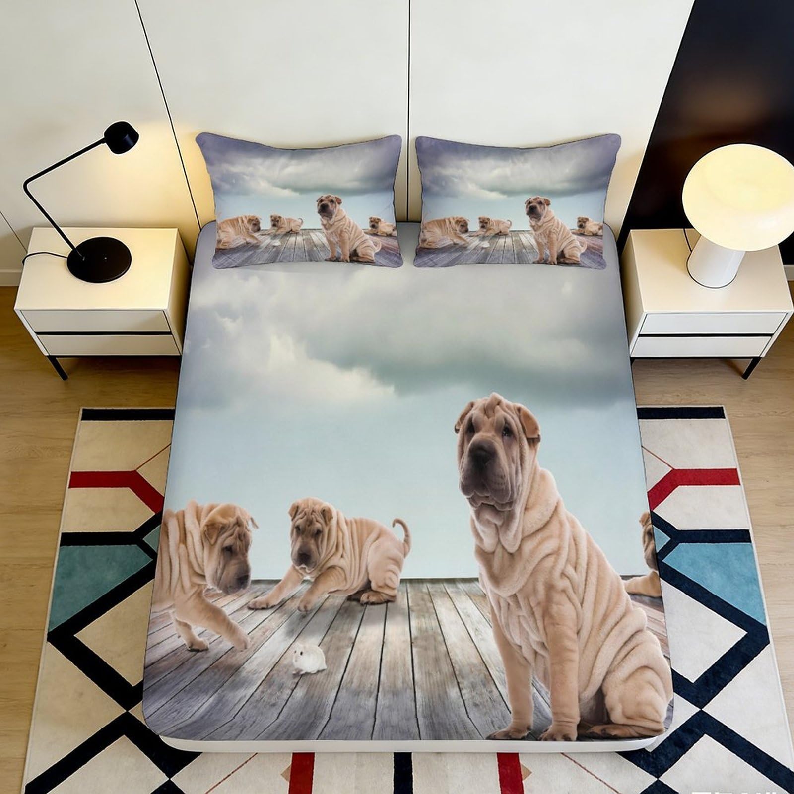3D Printed Dog Pattern Fitted Sheet Microfiber Deep Pocket Non-Slip Bedroom Bed Wrap Mattress Fitted Cover 90x200x25cm