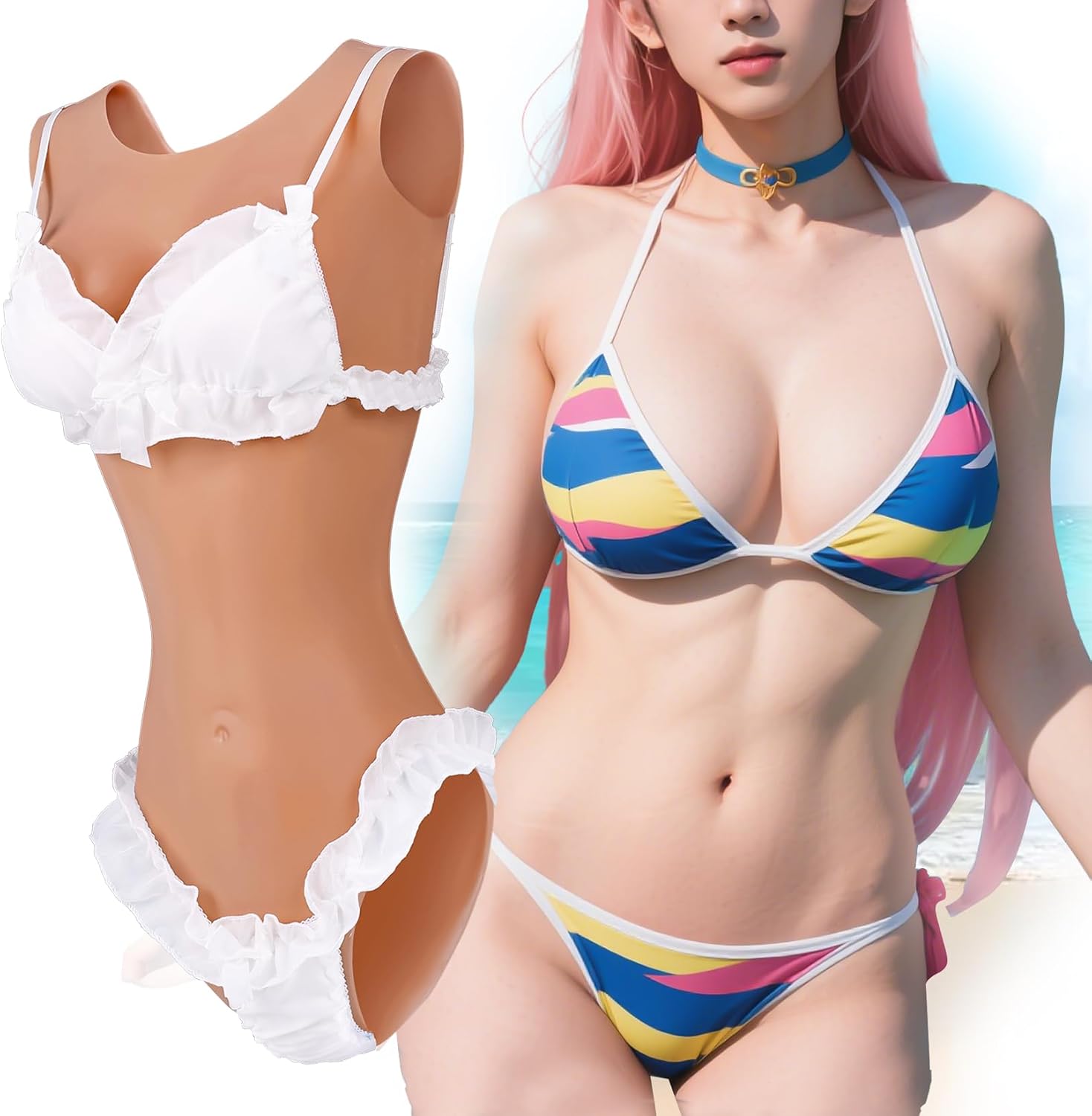 Female Silicone Swimming Bodysuit Round Neck Cotton Filled Breastplate False Breasts for Crossdressing Transgender