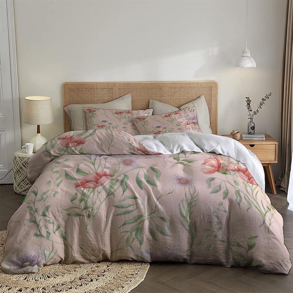 NIBAINLO 布団カバー野生の花とハーブ 赤いケシの花 肌に優しい ピーチスキン加工 掛け布団カバー 和式 洋式 あったか 布団カバーセット リバーシブル ホームステイ ホテル 家庭兼用