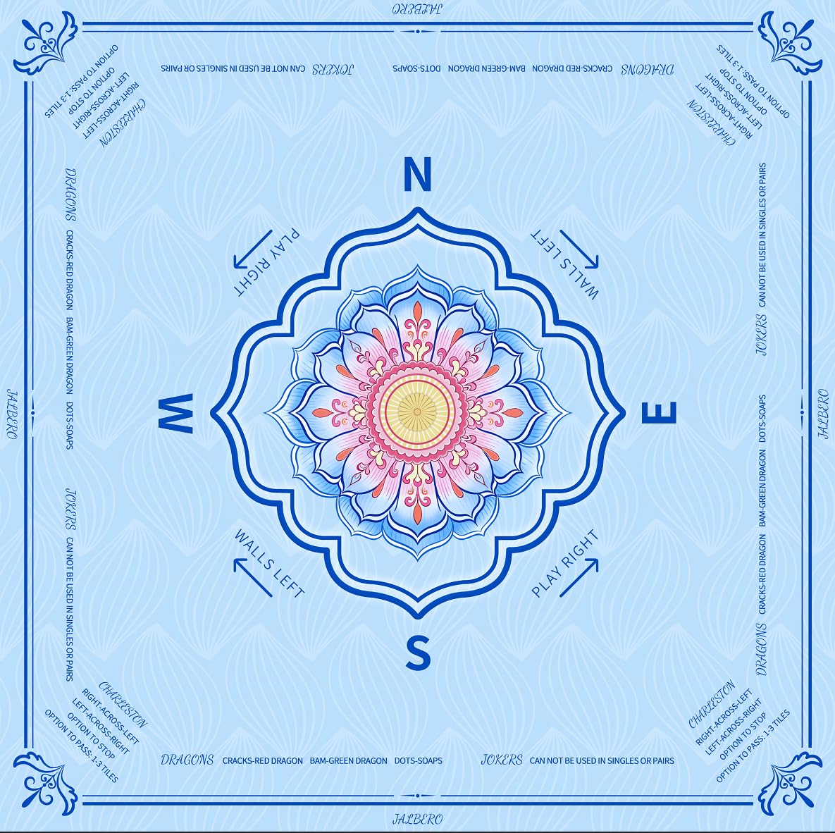 Tappetino Mahjong per tavolo, 4 giocatori, floreale e americana, gomma, mandala celeste, con custodia, 82,5 x 82,5 cm × 3 mm