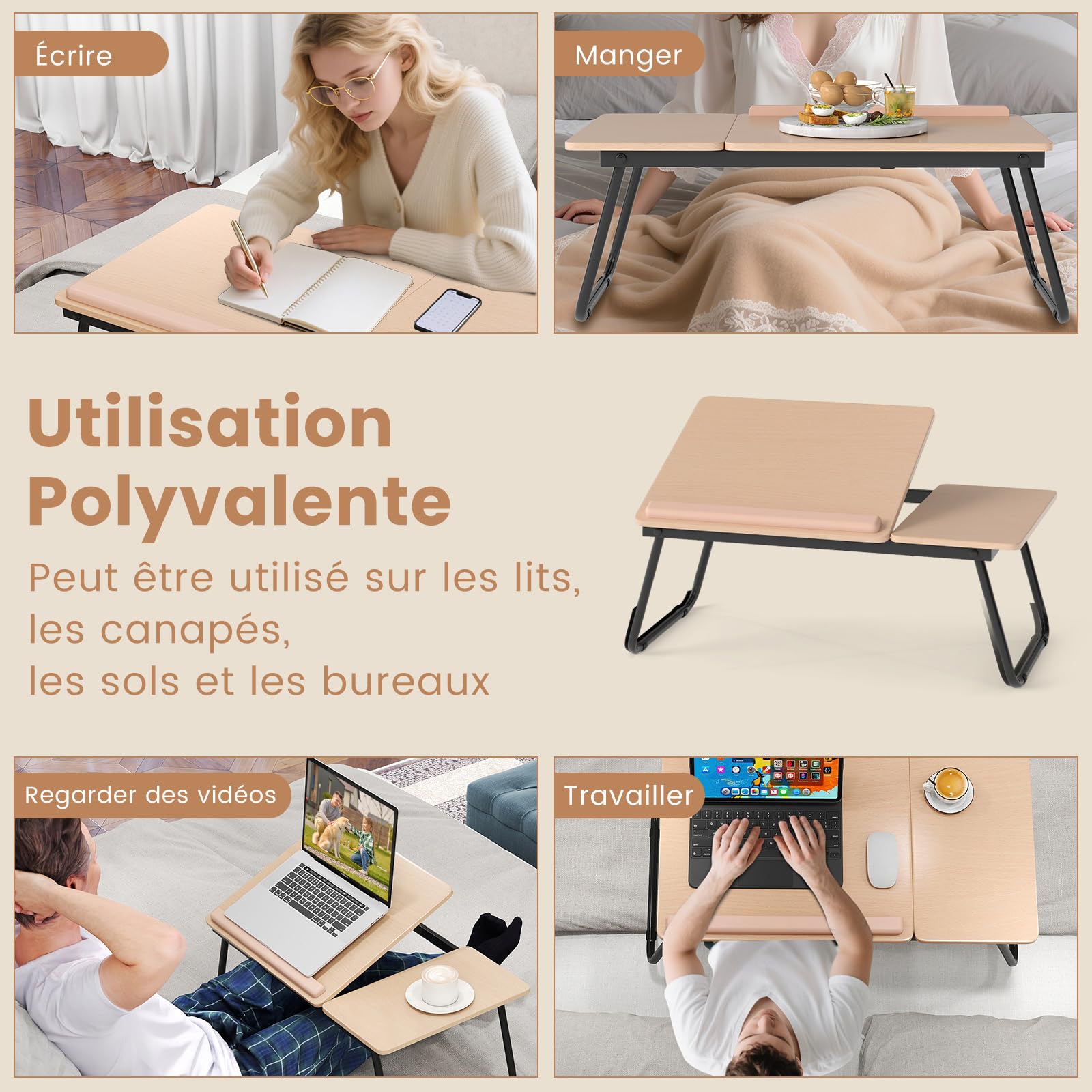 COSTWAY Table de Lit Pliable 55 x 32 cm, Plateau pour Ordinateur Portable avec 5 Angles d'Inclinaison Réglables, Cadre en Métal