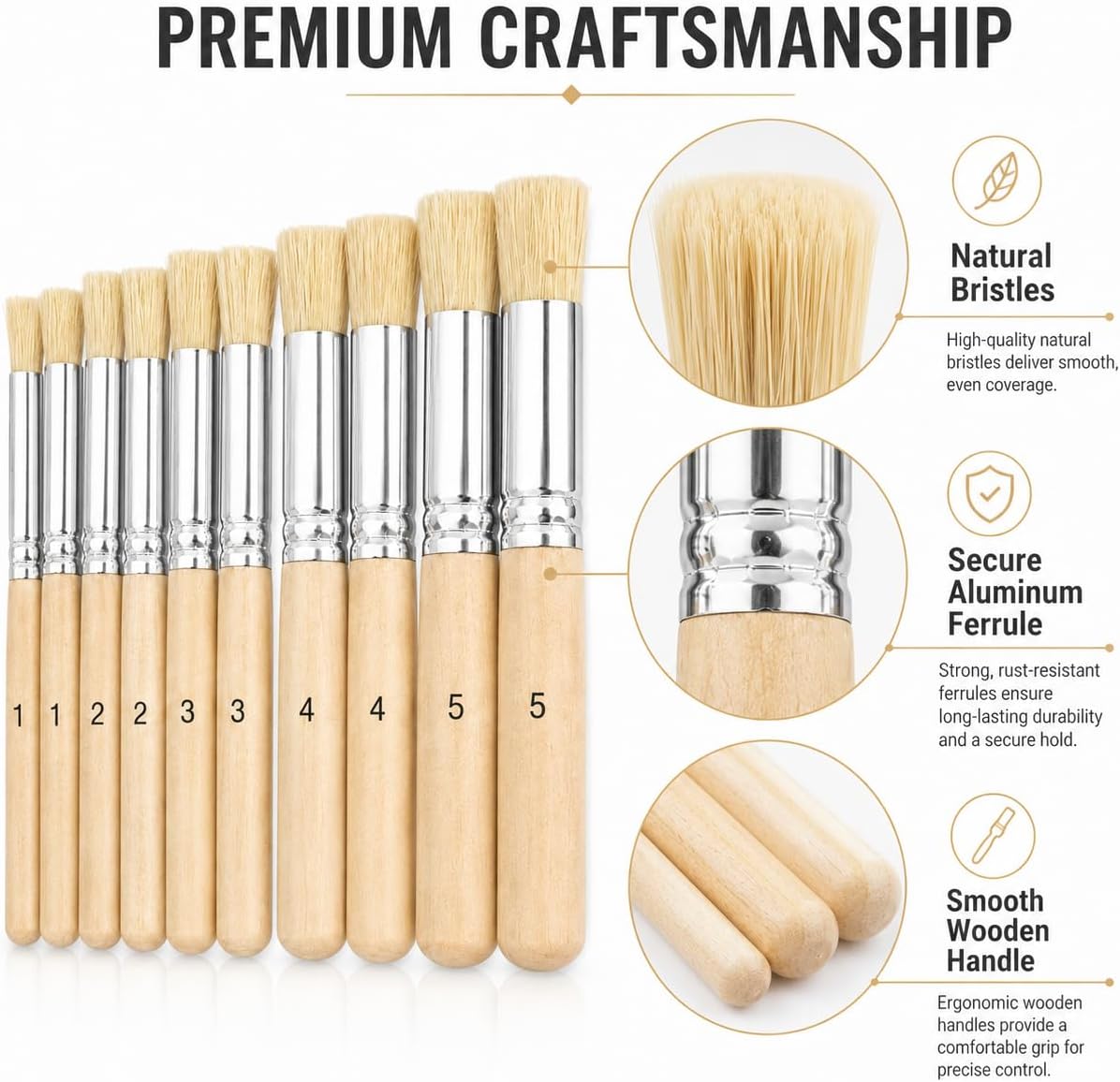 10 Pcs Stencil Brush Set, Natural Bristle, 5 Sizes