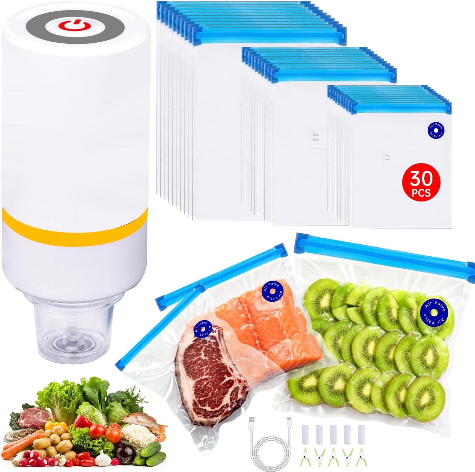 42 PCS Sous Vide Vacuum Sealer Set - 30 Reusable Bags, 5 Clips and Sealing Clips for Anova, Joule Cookers