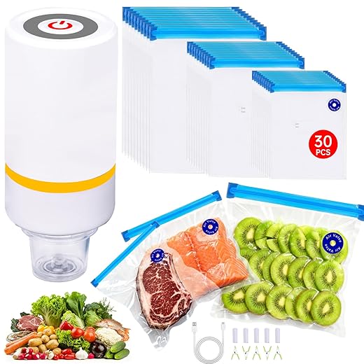 Sous Vide Bags, 42 PCS Electric Vacuum Sealer Food Vacuum Sealer & Reusable Vacuum Food Storage Bags for Anova, Joule Cookers -30 PCS Reusable Vacuum Sealer Bags,5 Clips & 5 Sealing Clips,Rechargeable Vacuum Sealer Set