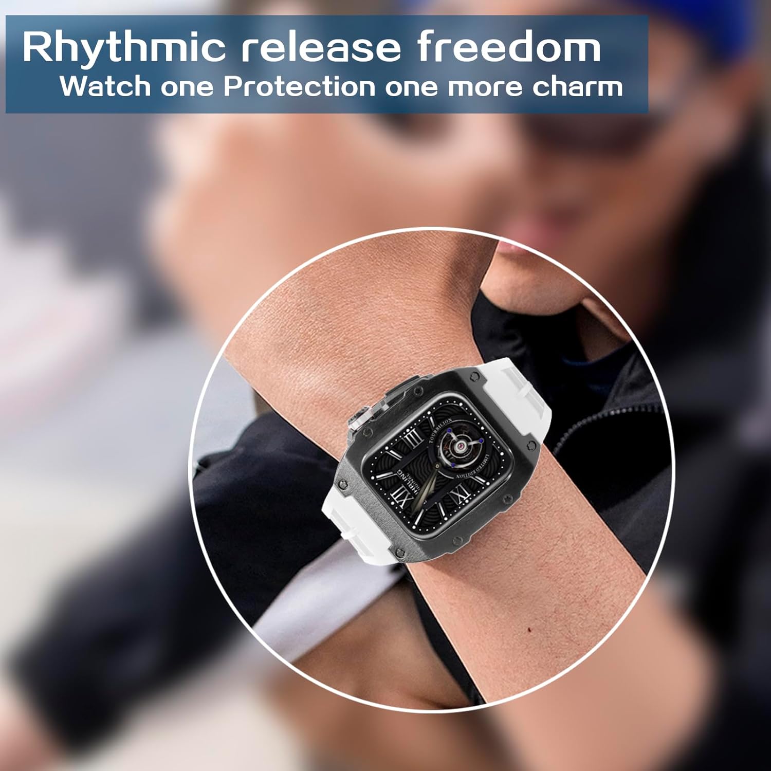 Refit Watch Bracelet Mod Kit For Apple Watch Series 8 7 45mm rubber strap Rm Style Metal Watch Case For Iwatch 6 SE 5 4 44mm Replacement Replacement Cover Strap Accessories (44/45 mm,