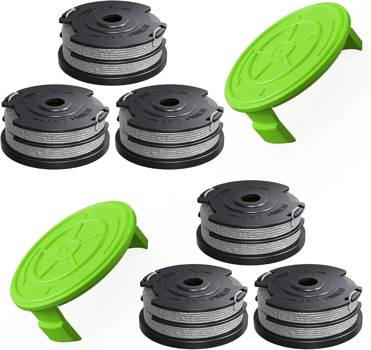 YWTESCH 8 paquetes Weed Wacker String Fit for Greenworks String Trimmer, 0.065"-18Ft Dual String Trimmer Line Auto-Feed Eater String Replice Parts Carrete(paquete de 6) Cubierta de tapa (paquete de 2)