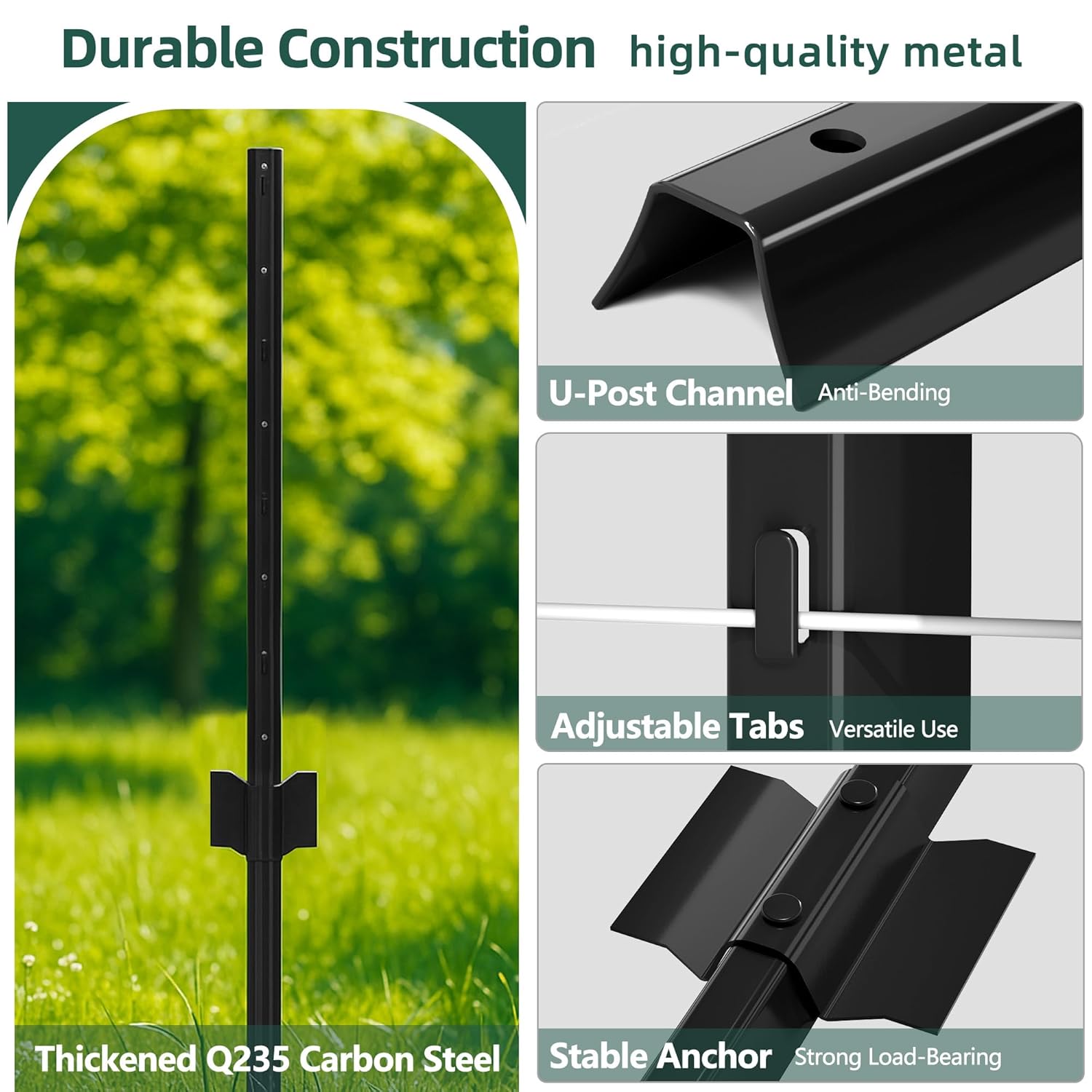 metal fence post 7feet, heavy duty garden fence post for holding wire fence, sign u post pack of 8 sturdy outdoor no dig fence post for garden yard – black black 7ft-8pack