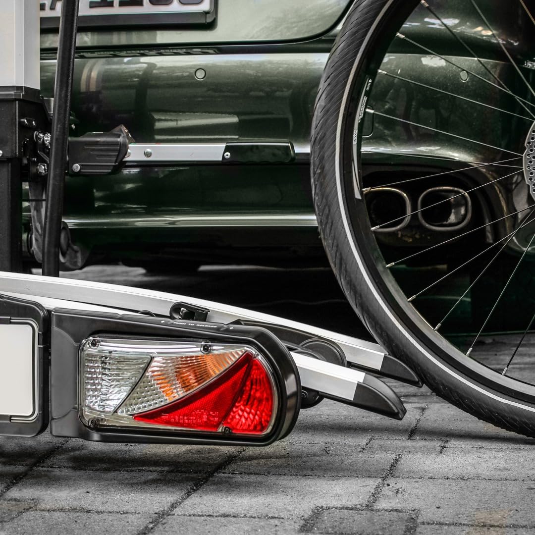 EUFAB 11554 Bagażnik rowerowy Bike Lift, nadaje się do rowerów elektrycznych, w pełni zmontowany, elektryczne opuszczanie, ochrona przed kradzieżą, na 2 rowery, na hak holowniczy, 2025 z uchwytami na