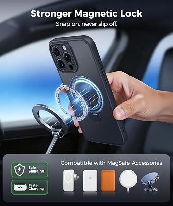 FNTCASE for iPhone 16 Pro Max Case with 360 Spin Magnetic Stand Black | Compatible with Magsafe,Screen Protector,Full Camera Protection,Translucent Matte Military Grade Shockproof Phone Cover