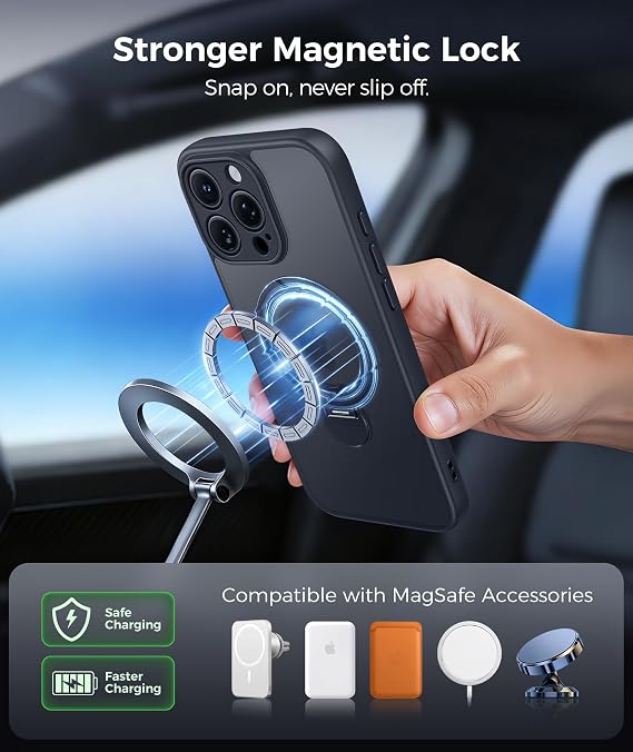 FNTCASE for iPhone 16 Pro Max Case with 360 Spin Magnetic Stand Black | Compatible with Magsafe,Screen Protector,Full Camera Protection,Translucent Matte Military Grade Shockproof Phone Cover