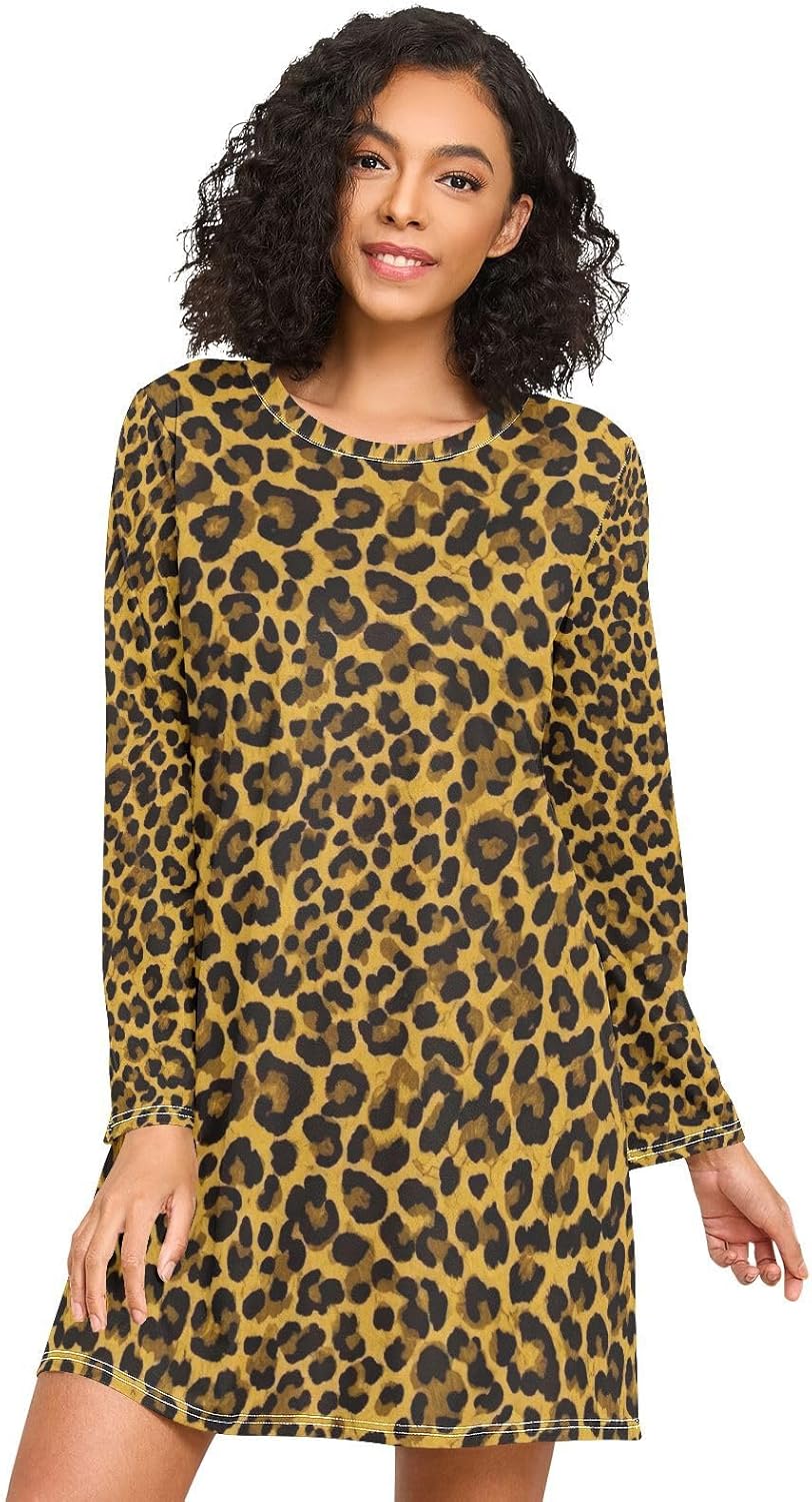 Leopard Spots Brown Long Sleeve Womens Night Shirt, Cozy Crewneck Sleep Dress, Comfy Womens Nightgown