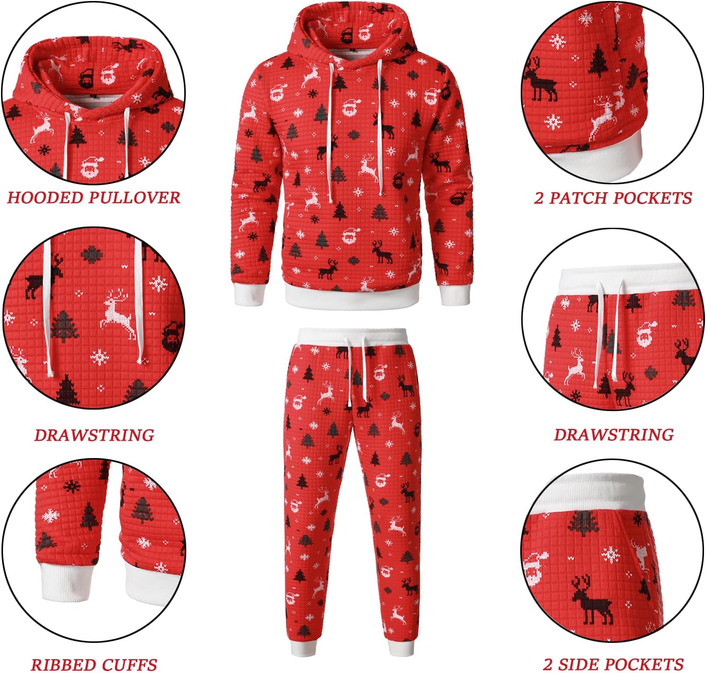 FANARCHER Men’s Casual Tracksuits 2 Pieces Christmas Outfits Waffle Hoodies Sweatsuits Sports Jogging Suit Set