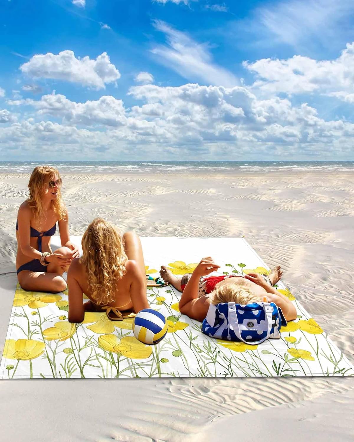 Watercolor Yellow Blossom Flower Beach Blanket Waterproof Sandproof Outdoor Picnic Mat 83"x79" Garden Floral Plant on White Lightweight Large Beach Blankets with 4 Stake & 4 Corner Pockets