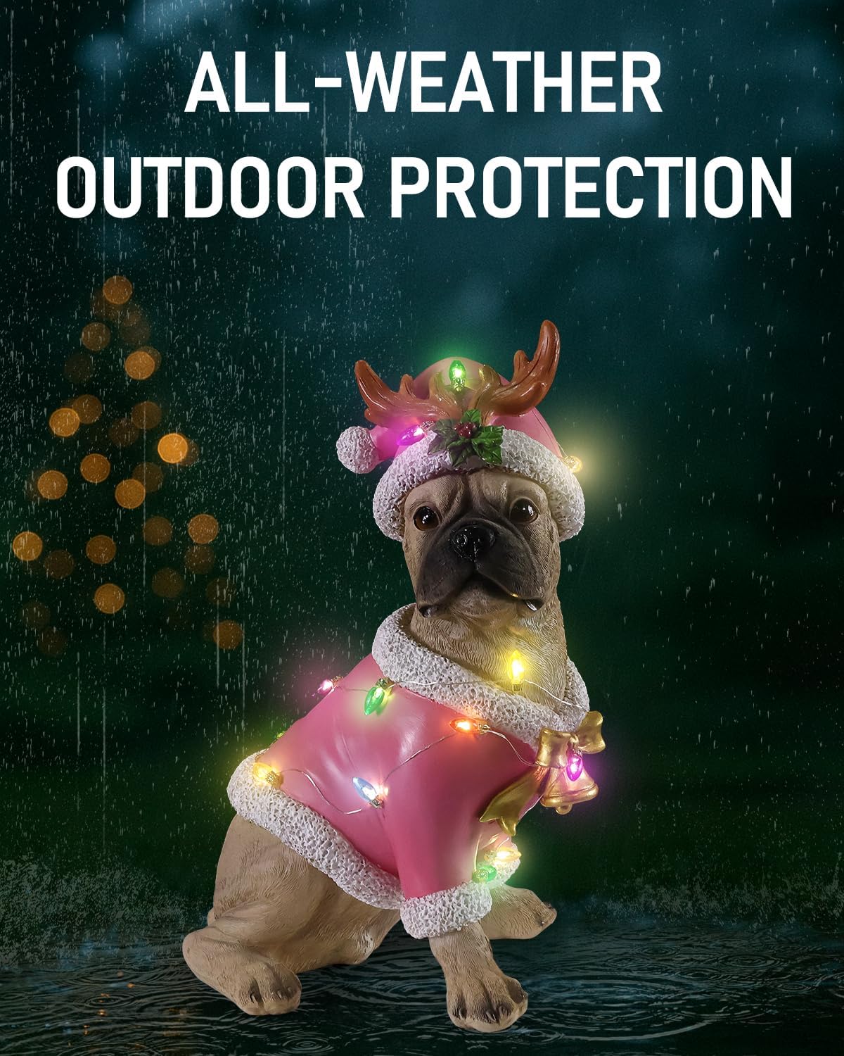 Outdoor Christmas Dog Statue - Santa's Gifts Pink Christmas Decor Bulldog with Pink Santa Hat and Led Lights for Home Indoor Outdoor Sculpture
