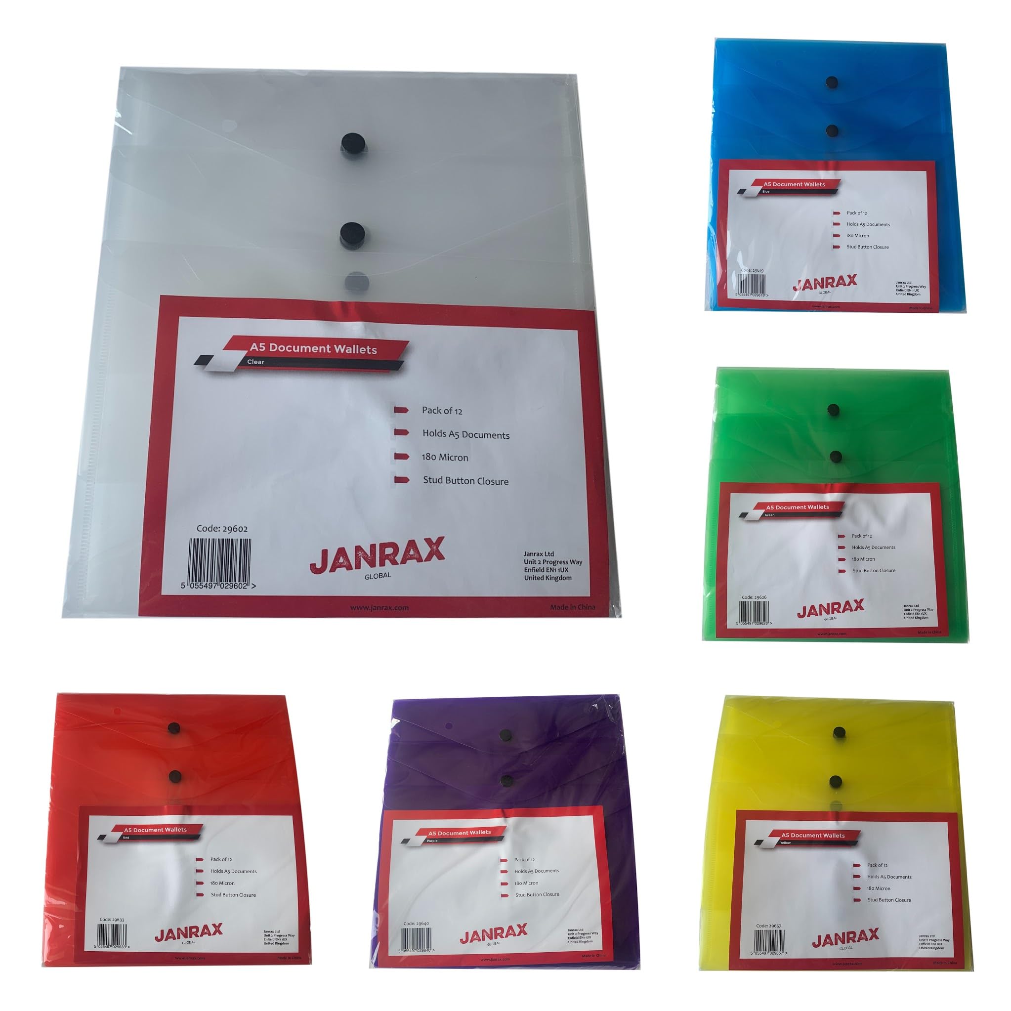 Pack of 36 Janrax A5 Assorted Document Wallets - Button Stud Folder