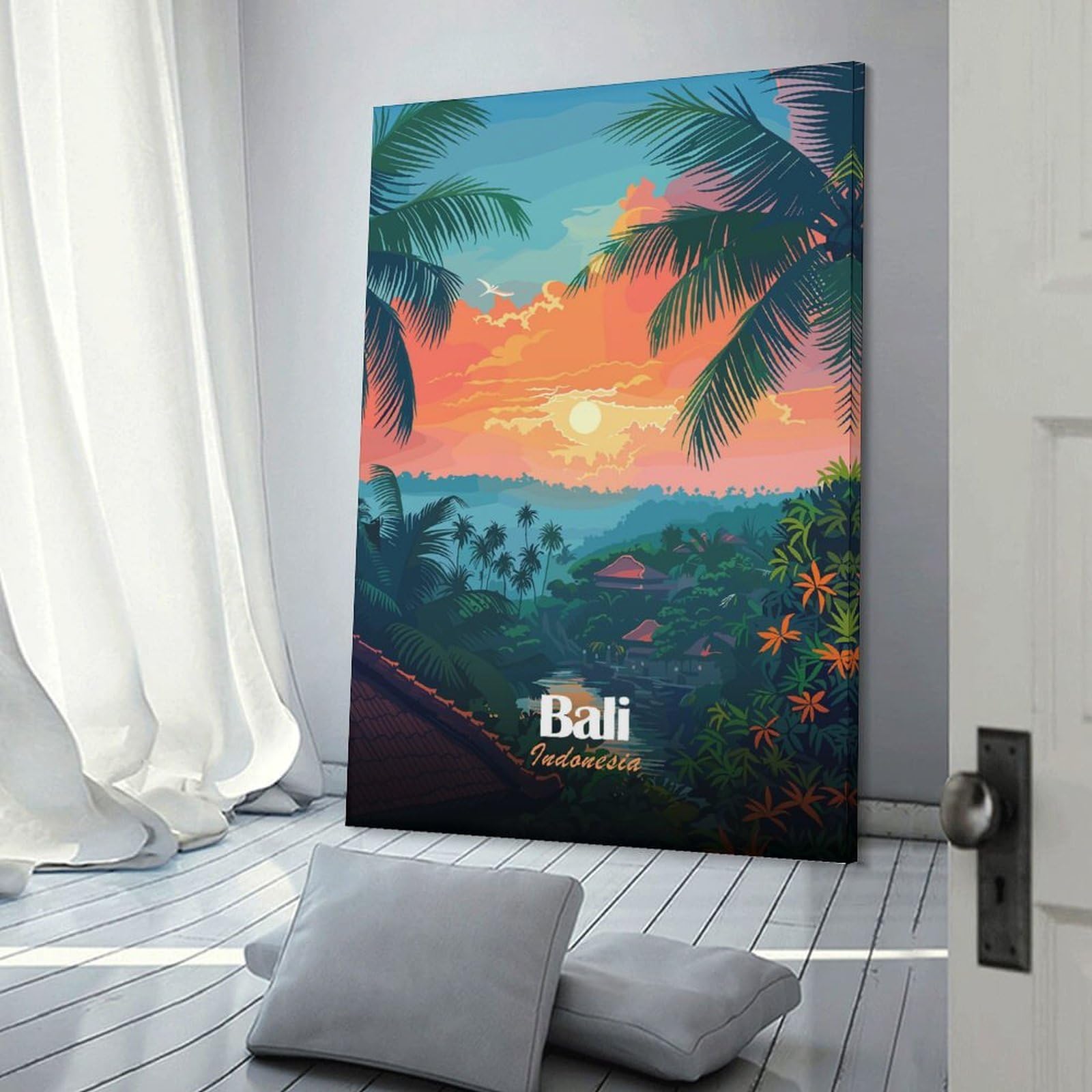 Junmoney Bali Indonesia Tropical Landscape Illustration Decorative Wall Artwork, 20x30inch(50x75cm), for Home Lounge, Bedroom Or Reading Nook, Easy Decor for Gallery Walls
