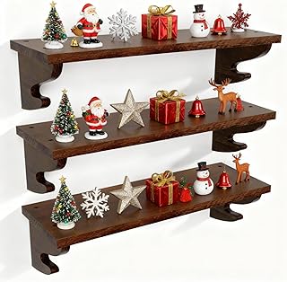 Alsonerbay Wood Floating Shelves for Wall 3 Pack, 17 inch Rustic Wall Shelves with Hook, Decorative Hanging Shelves for Bedroom Living Room Nursery Office and More Light Walnut