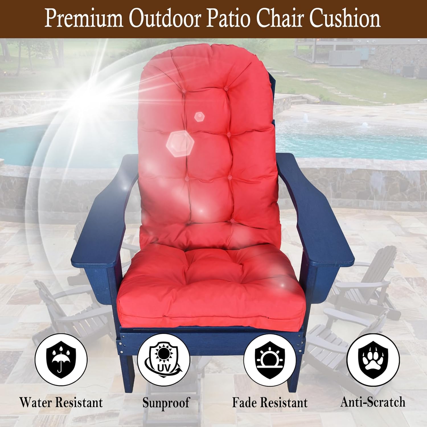 Outdoor Adirondack Chair Cushions Set of 2, Waterproof Patio Rocking Chair Cushions High Back, Thickened Patio Chair Pad for Indoor with Adjustable Straps,48x19x4 inches (2, Red)