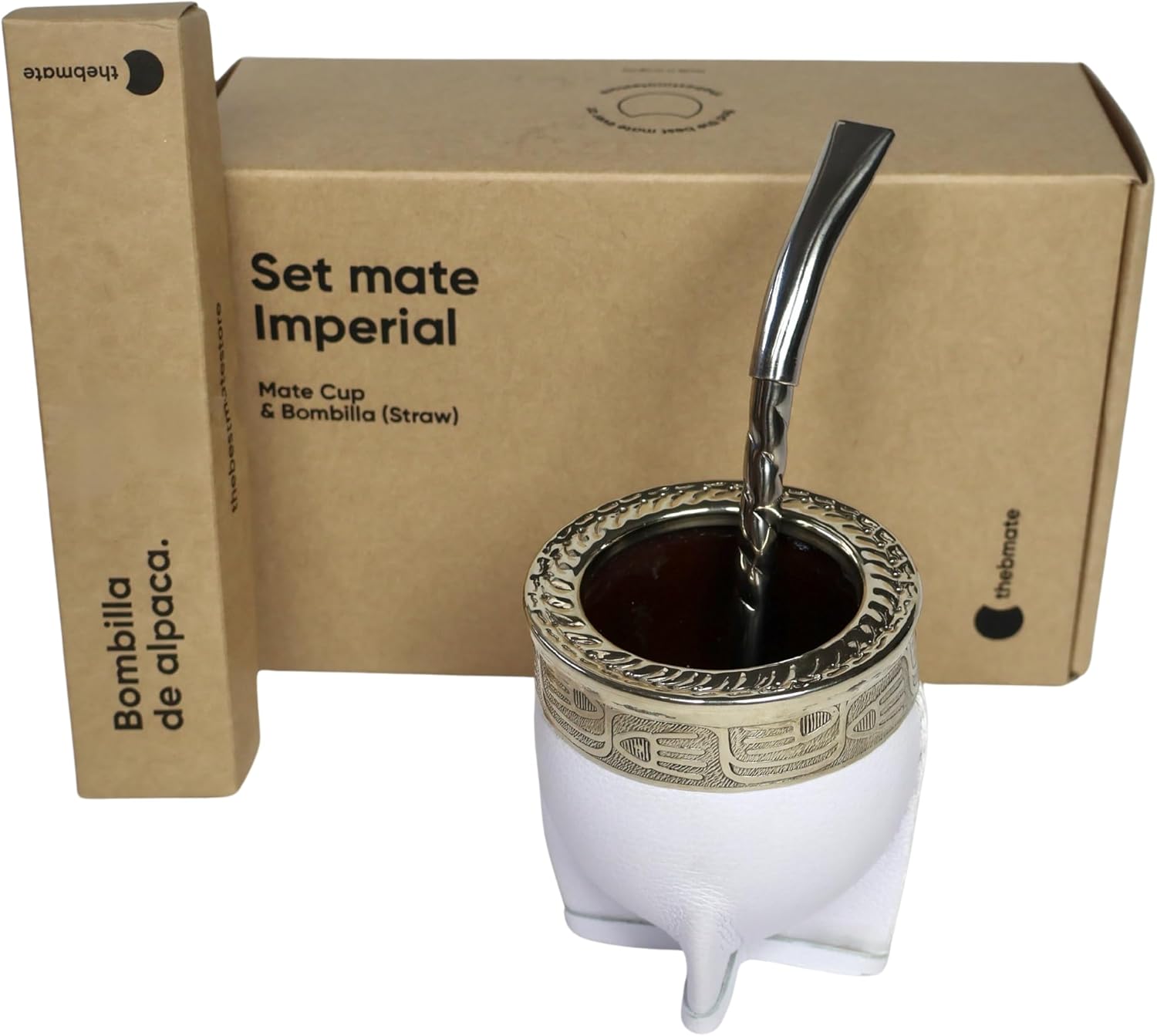 [Imperial Premium Set Yerba Mate Cup - Crafted Ceramic Teacup – Leather Wrapped Handmade in Uruguay - Set Mate Imperial with German Silver Bombilla Straw and Cleaning Brush (White)