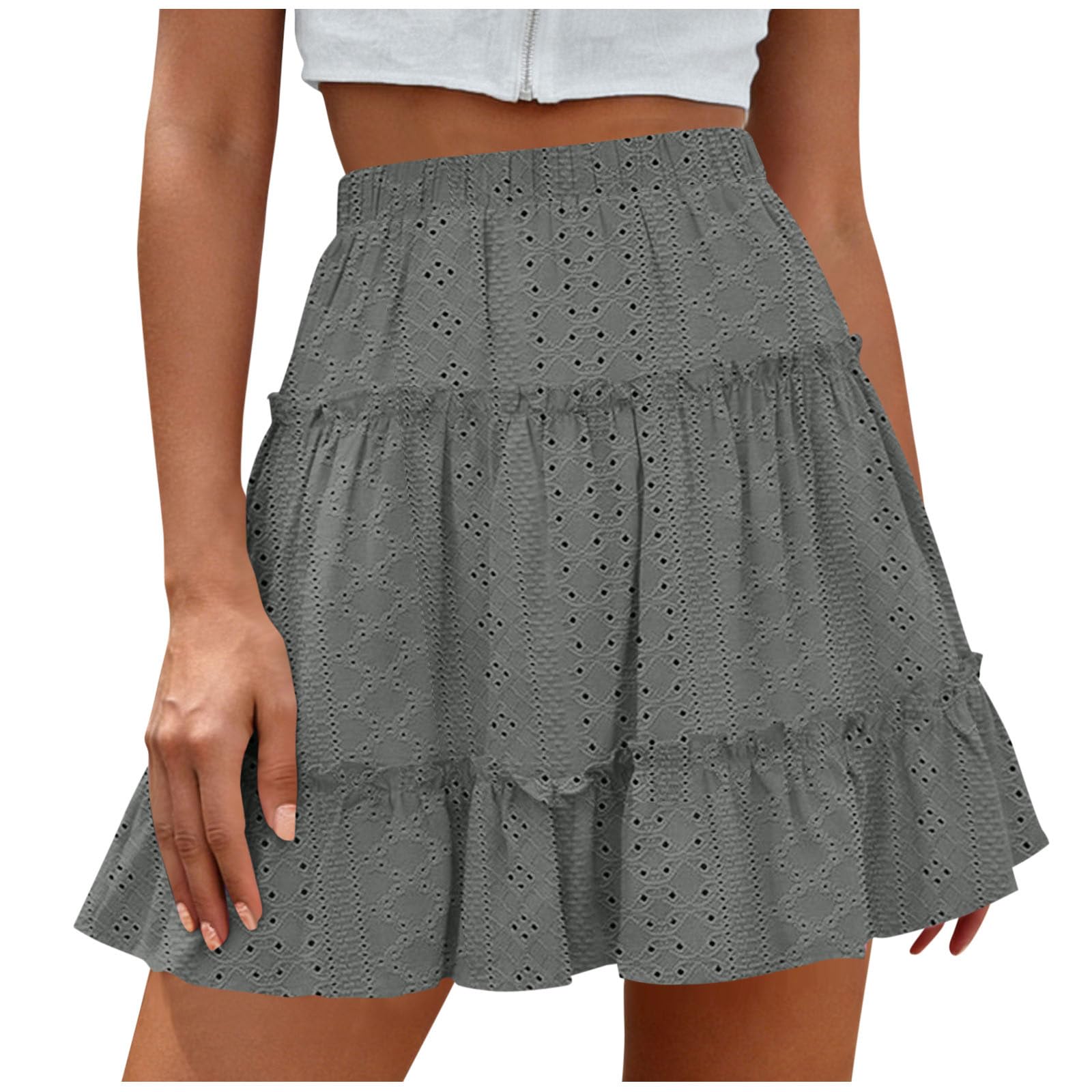 Womens Eyelet Mini Skirt Tiered Flowy Summer Skirts Elastic High Waist A-Line Skirt Trendy Ruffle Casual Short Skirts