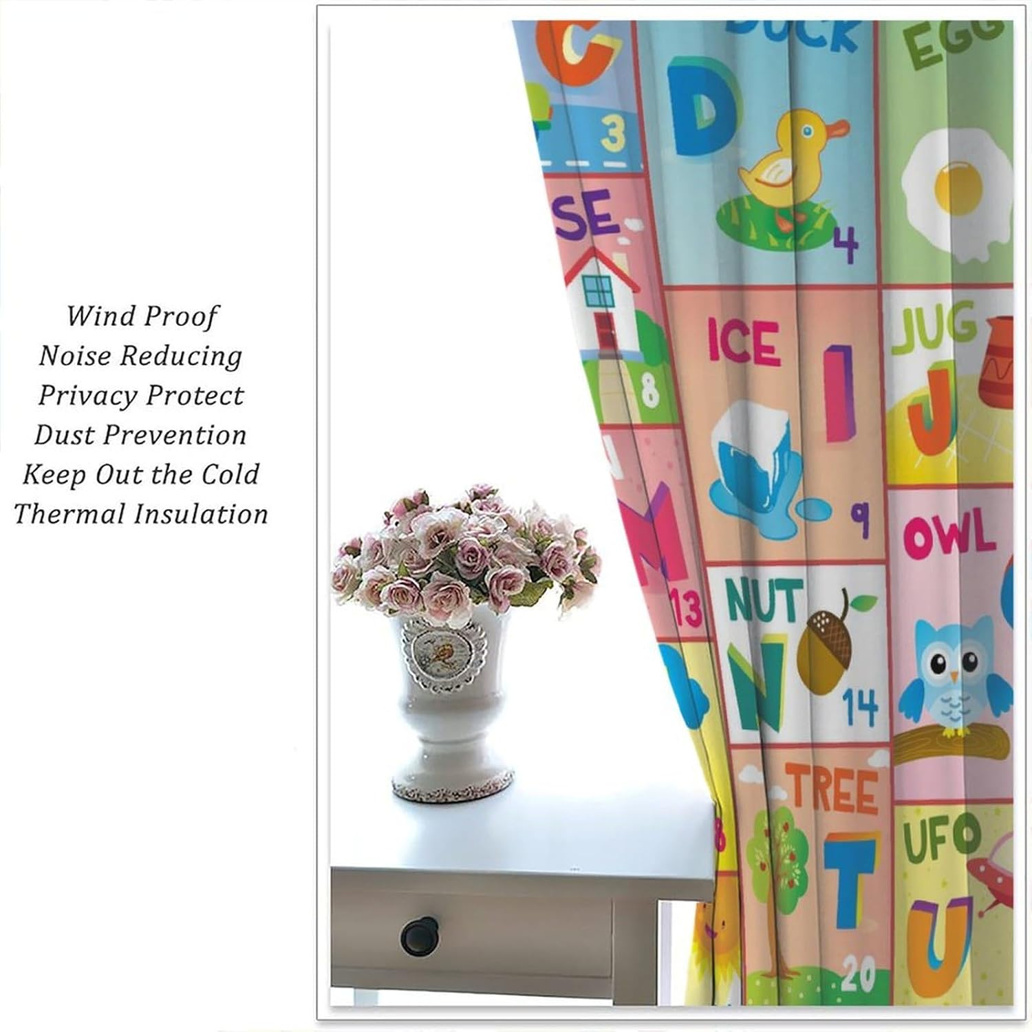 Alphabet ABC Kids Curtains,Cartoon Cute Animal Curtain Kid Educational Pattern Blackout Print Rod Pocket Window Drapes for Boys Girls Classroom Bedroom Living Room 72x63in