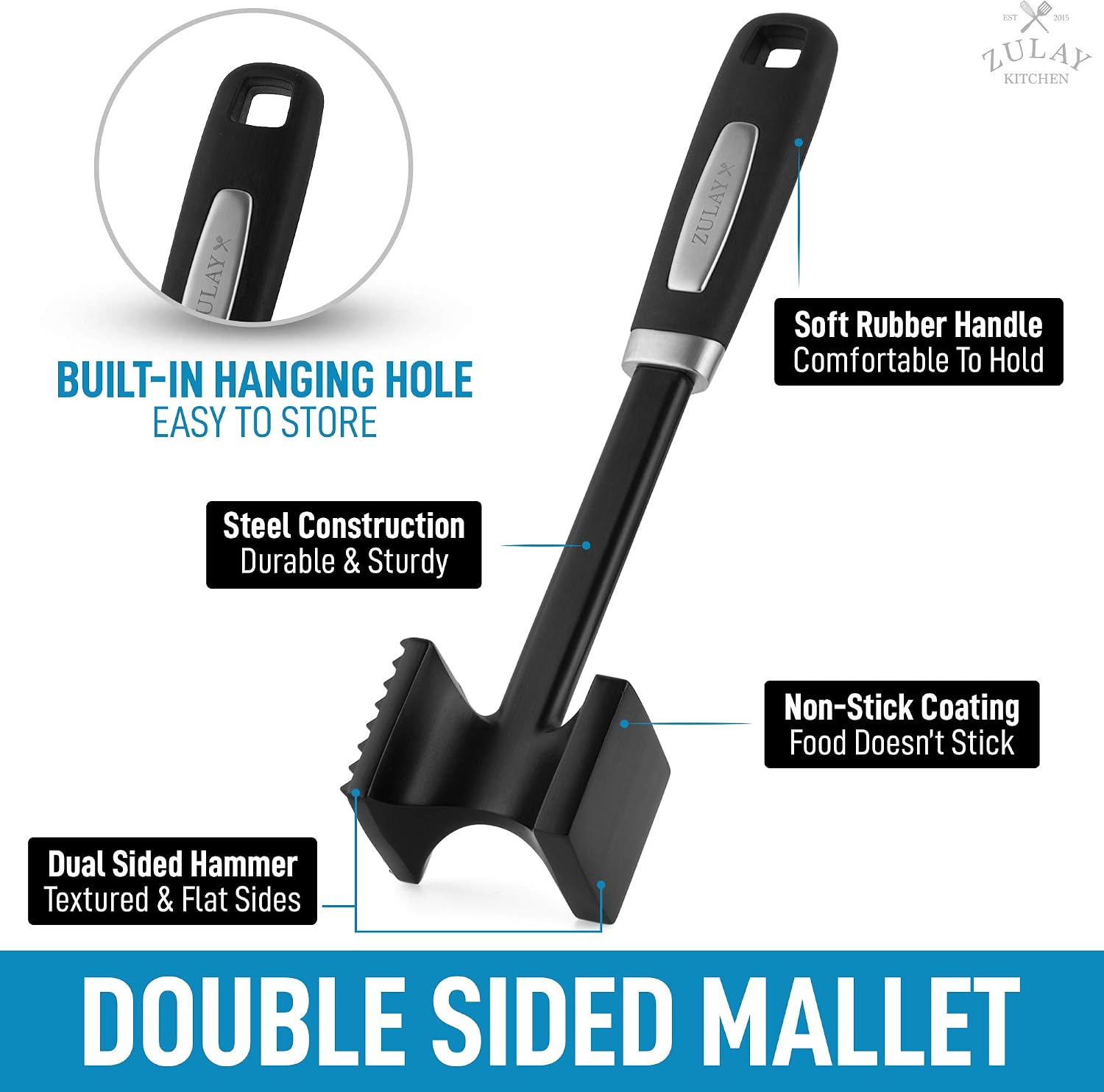 Zulay Meat Tenderizer Hammer (10") - Dual-Sided Meat Mallet Tenderizer With Comfort-Grip Handle - Heavy-Duty Metal Hammer Tenderizer - Meat Hammer Tenderizer for Beef - Kitchen Mallet & Meat Pounder