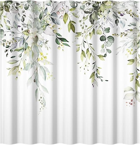 Vista 21 de Yeele Cortinas de ducha de tela acuarela con hojas de eucalipto estilo campestre floral para baño, cortina larga natural de primavera, impermeable