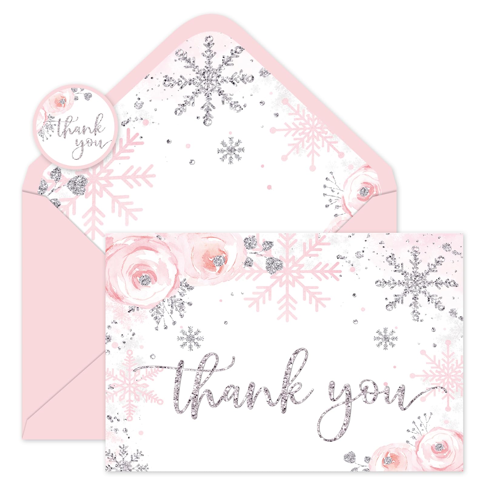 Whaline Lot de 50 cartes de remerciement de Noël avec flocons de neige à paillettes roses - Cartes de vœux vierges avec enveloppe autocollante pour Noël, fête prénatale, invitation, 10,2 x 15,2 cm