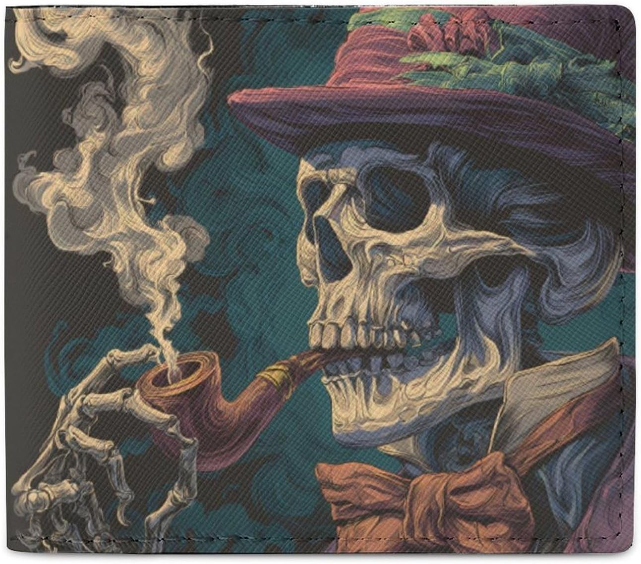 Smoking Skeleton Compact Bifold Wallet for Men with ID Window Credit Card Holder Purse
