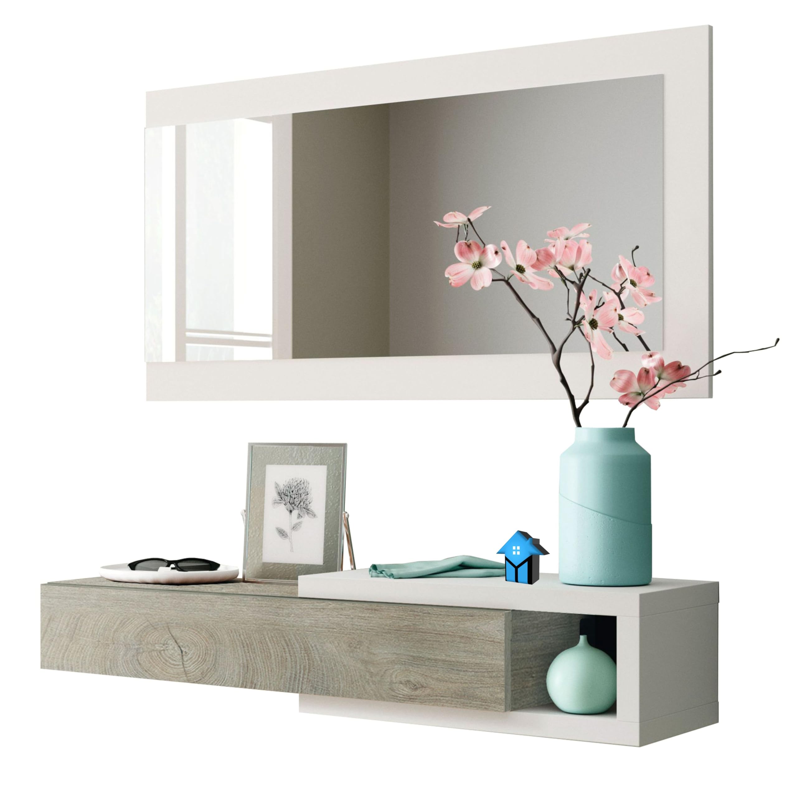 Miroytengo Mueble de Entrada Noon Recibidor con Espejo Estilo Multifuncional en Color Blanco Artik y Roble Alaska 95 cm